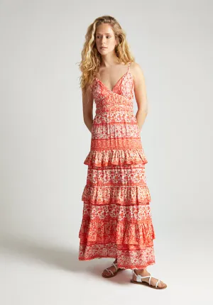 Feifei Ruffle Tiered Floral Printed Maxi Dress In Orange