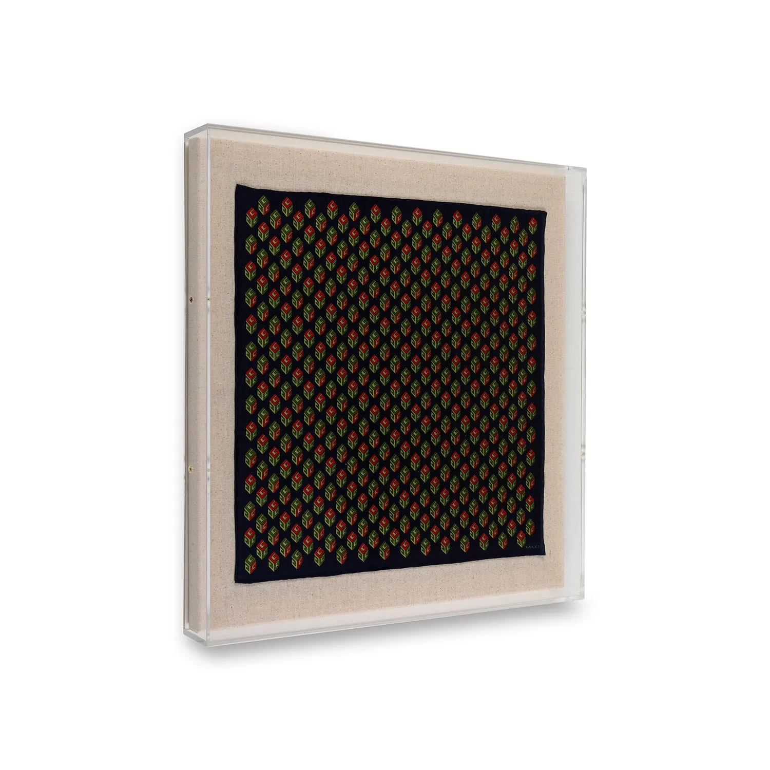 Framed Gucci Patterned G Squares Scarf Blue and Red in a 20x20x2 Shadowbox