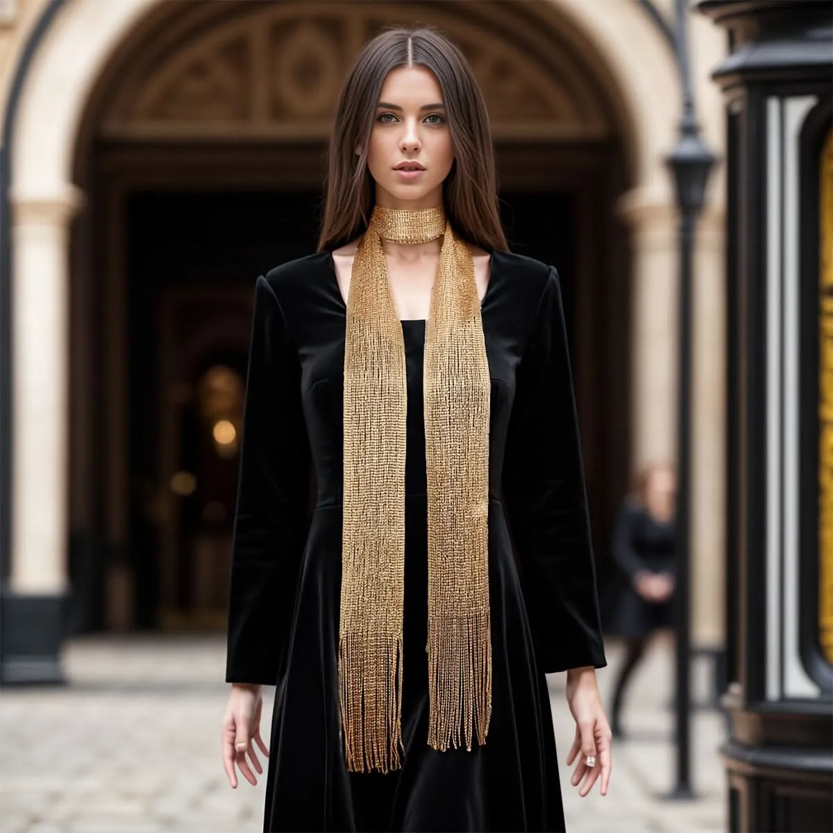 Glittering 3-Piece Metallic Mesh Scarf Set – Golden, Silvery & Black