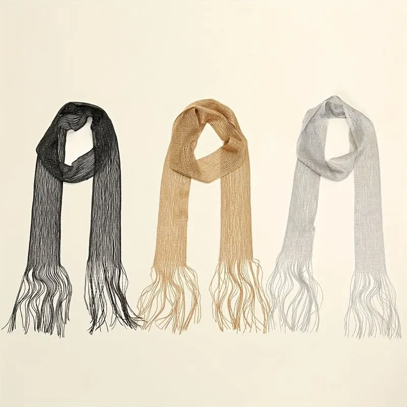Glittering 3-Piece Metallic Mesh Scarf Set – Golden, Silvery & Black