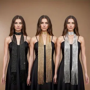 Glittering 3-Piece Metallic Mesh Scarf Set – Golden, Silvery & Black