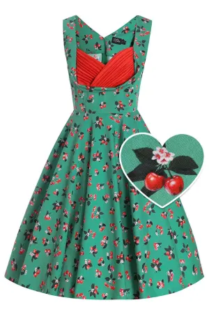 Grace Green Cherry Pleated Bust Dress