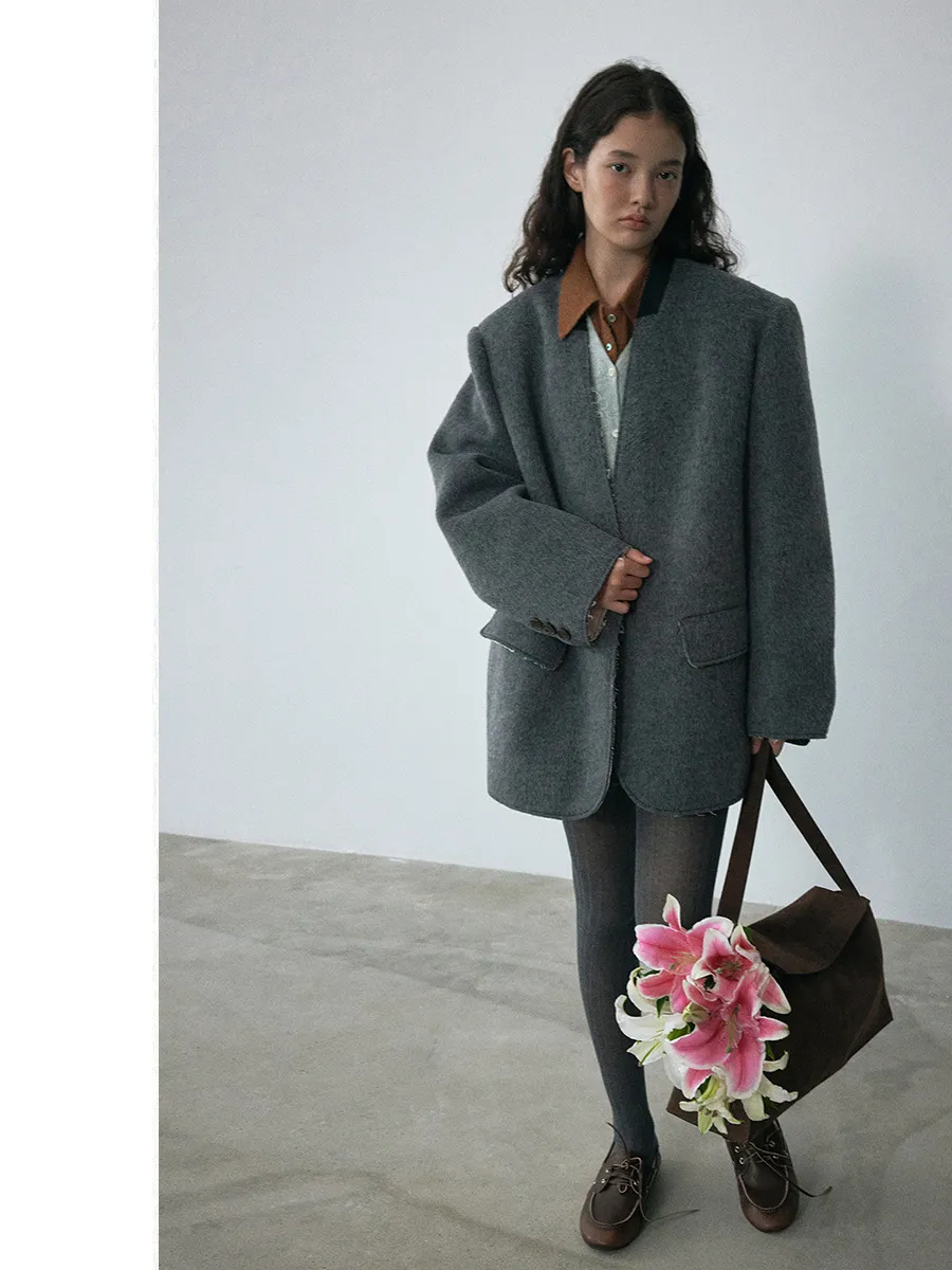 Gray Oversized V-Neck Blazer