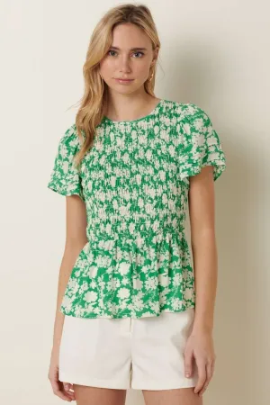 Green Flower Print Peplum Top