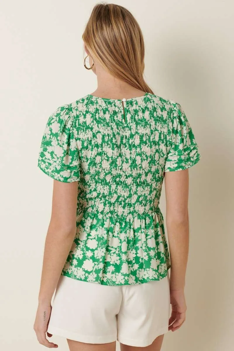 Green Flower Print Peplum Top