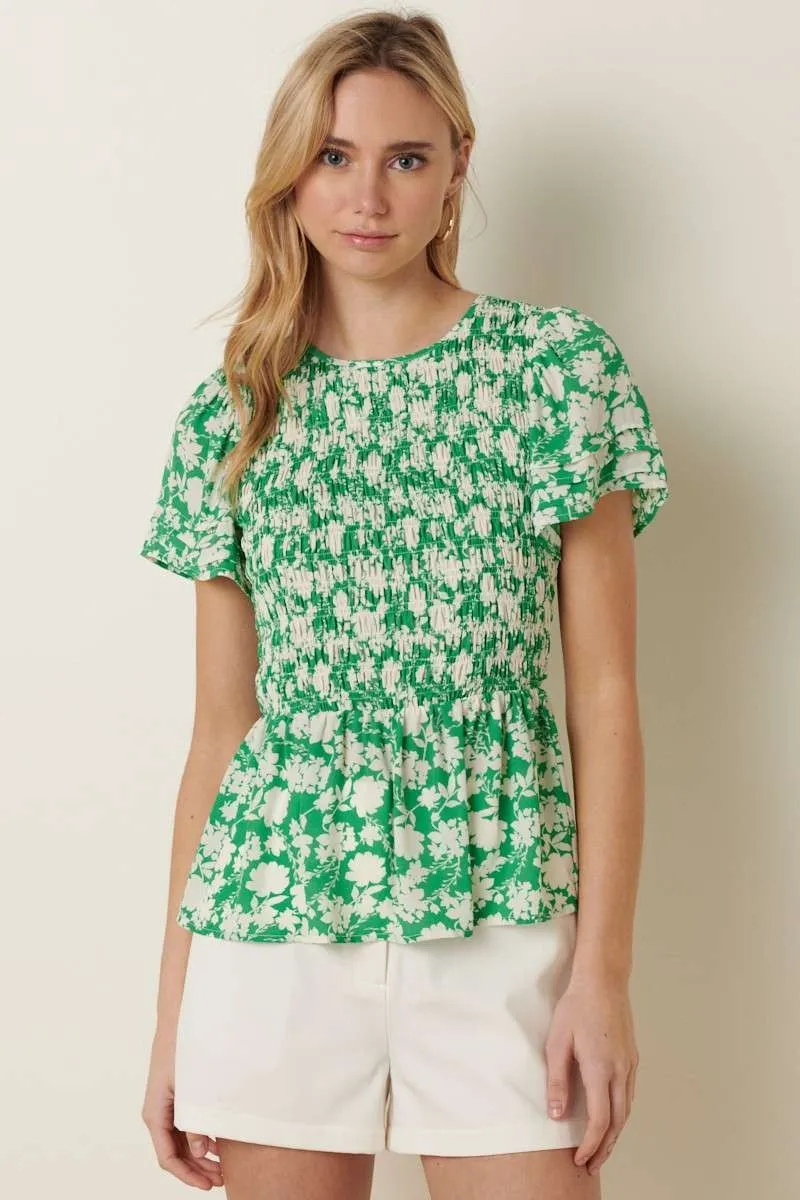 Green Flower Print Peplum Top