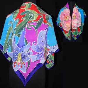 Handpainted Lily and Peony Square Crepe Silk Scarf