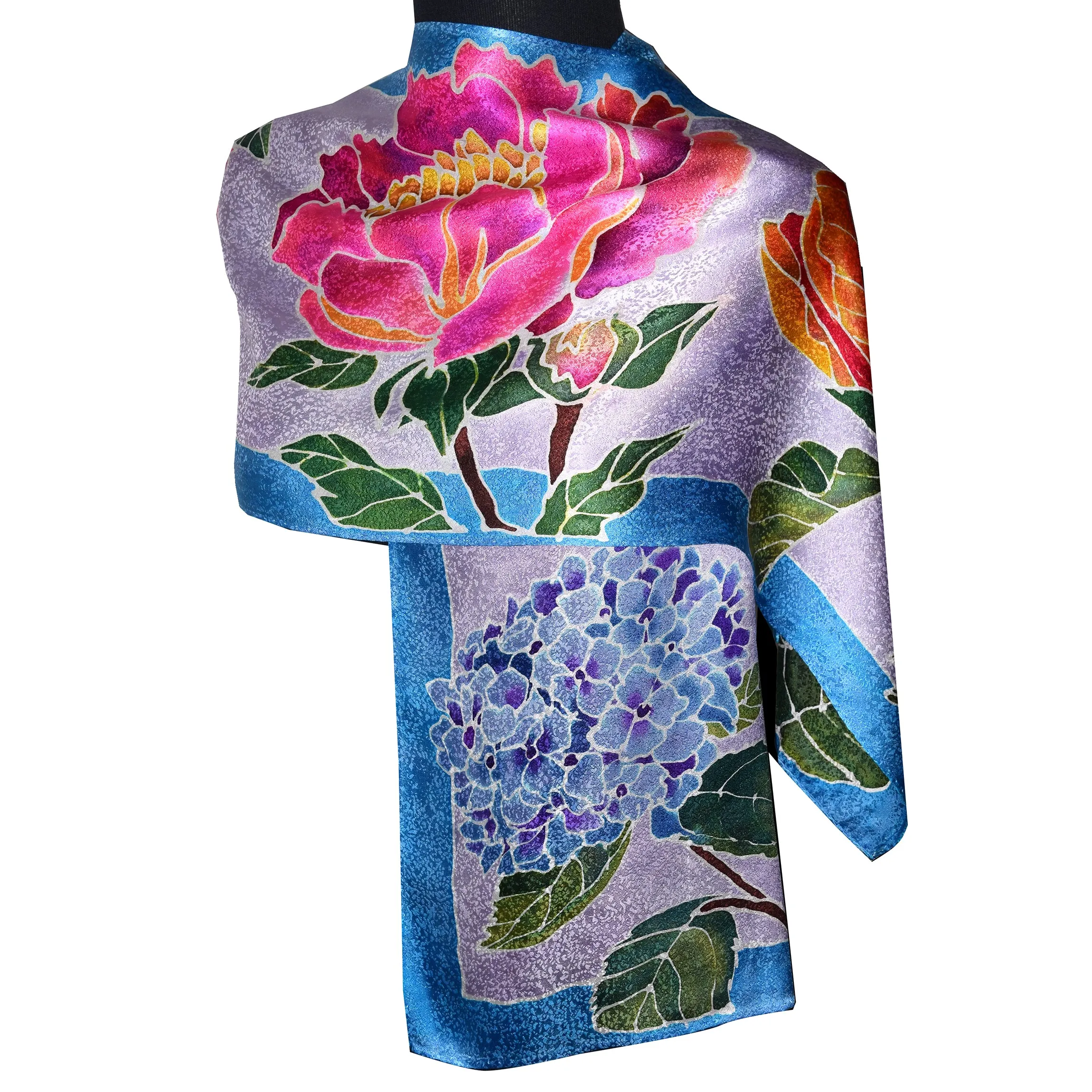 Handpainted One of a Kind Hydrangia, Peony, Magnolia Jacquard Silk Scarf