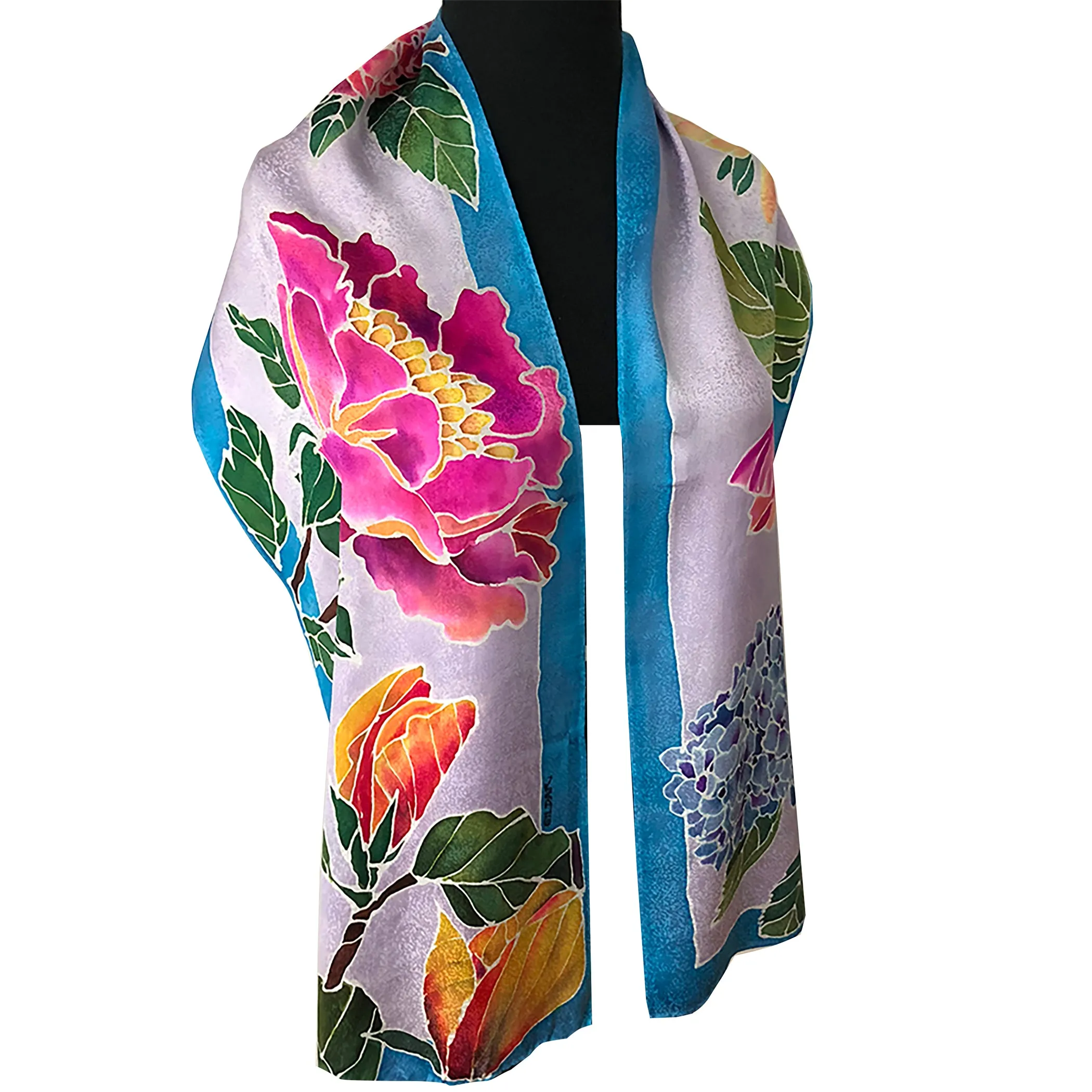 Handpainted One of a Kind Hydrangia, Peony, Magnolia Jacquard Silk Scarf