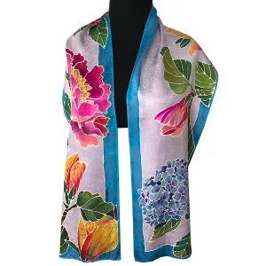 Handpainted One of a Kind Hydrangia, Peony, Magnolia Jacquard Silk Scarf