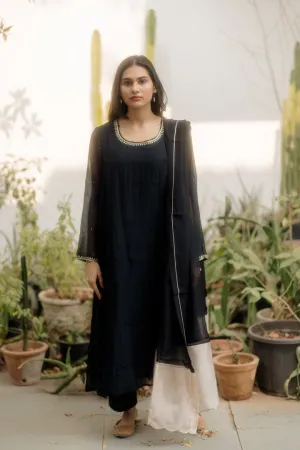HANDWOVEN CHANDERI MIDNIGHT BLACK KALIDAR KURTA SET