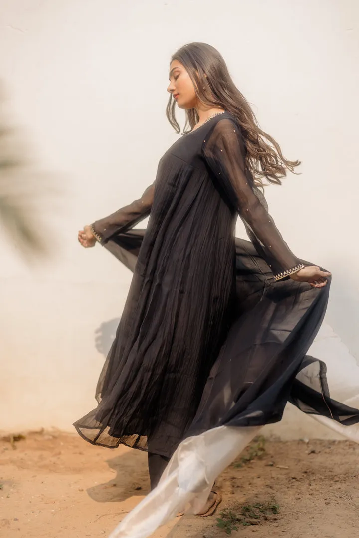 HANDWOVEN CHANDERI MIDNIGHT BLACK KALIDAR KURTA SET