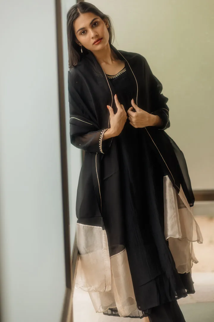 HANDWOVEN CHANDERI MIDNIGHT BLACK KALIDAR KURTA SET