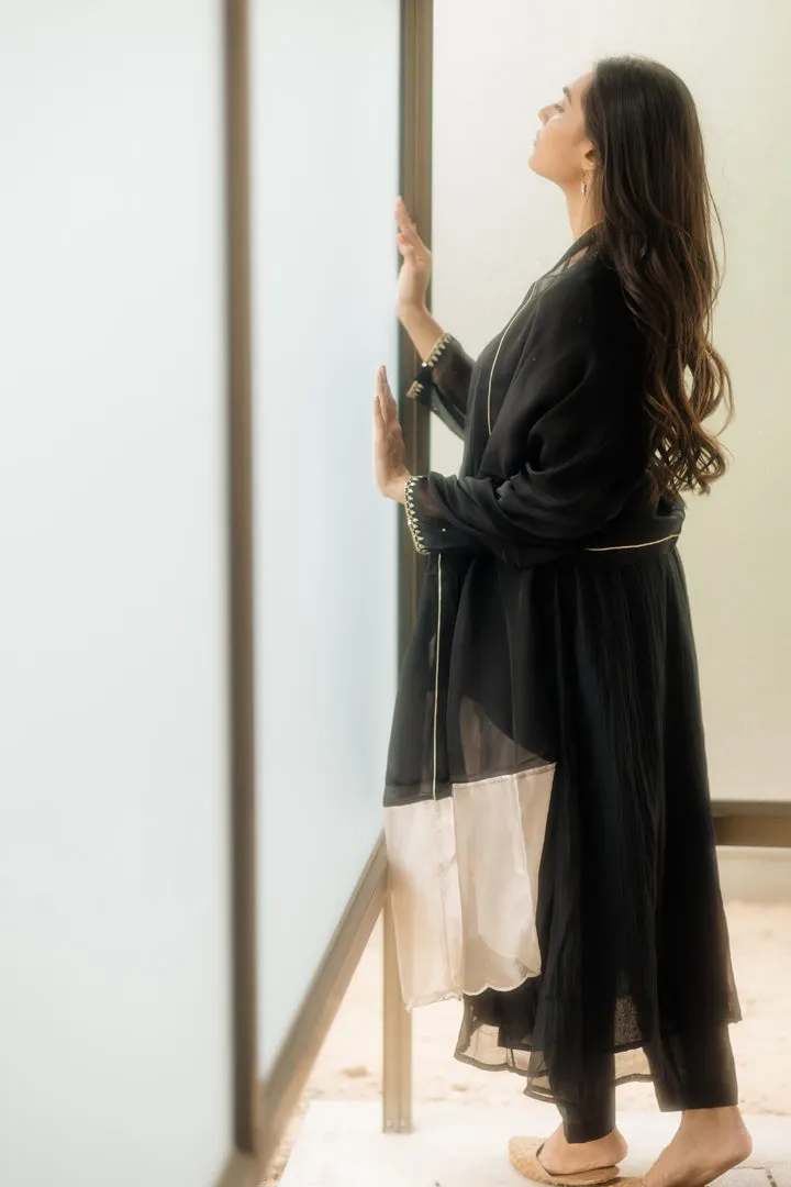 HANDWOVEN CHANDERI MIDNIGHT BLACK KALIDAR KURTA SET