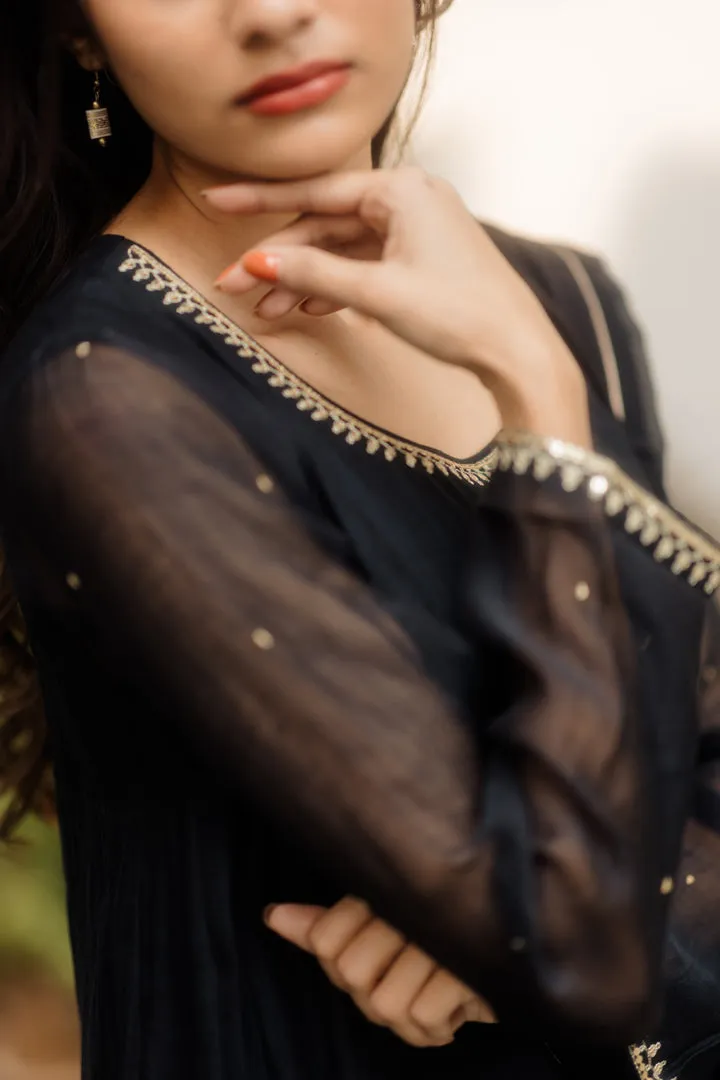 HANDWOVEN CHANDERI MIDNIGHT BLACK KALIDAR KURTA SET