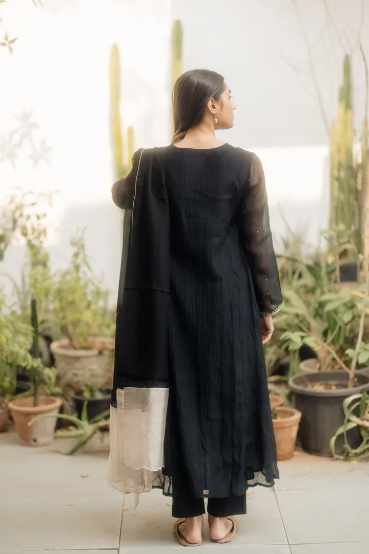 HANDWOVEN CHANDERI MIDNIGHT BLACK KALIDAR KURTA SET