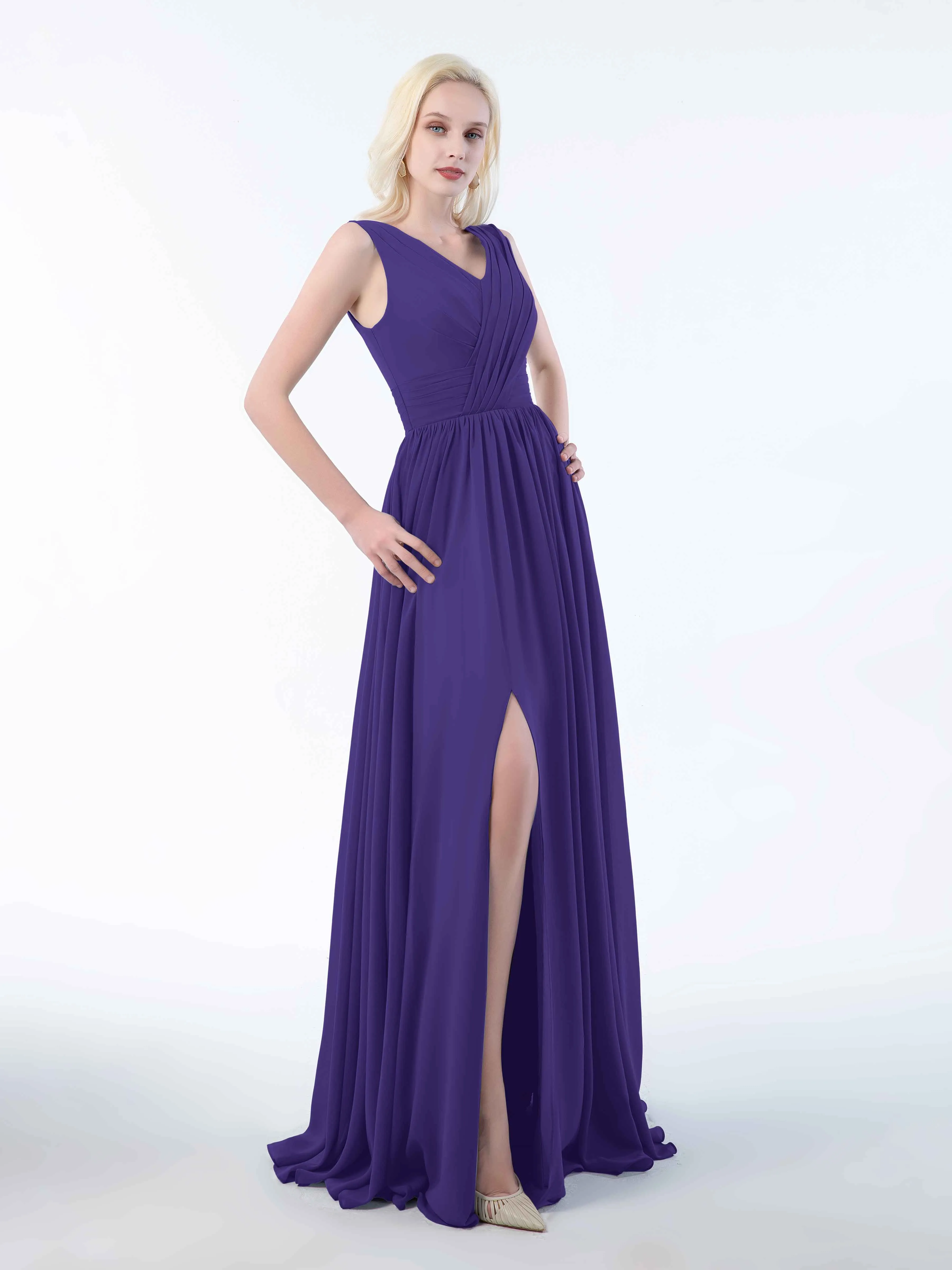 Khloe Flattering V Neck Pleated Floor Length Chiffon Bridesmaid Dresses