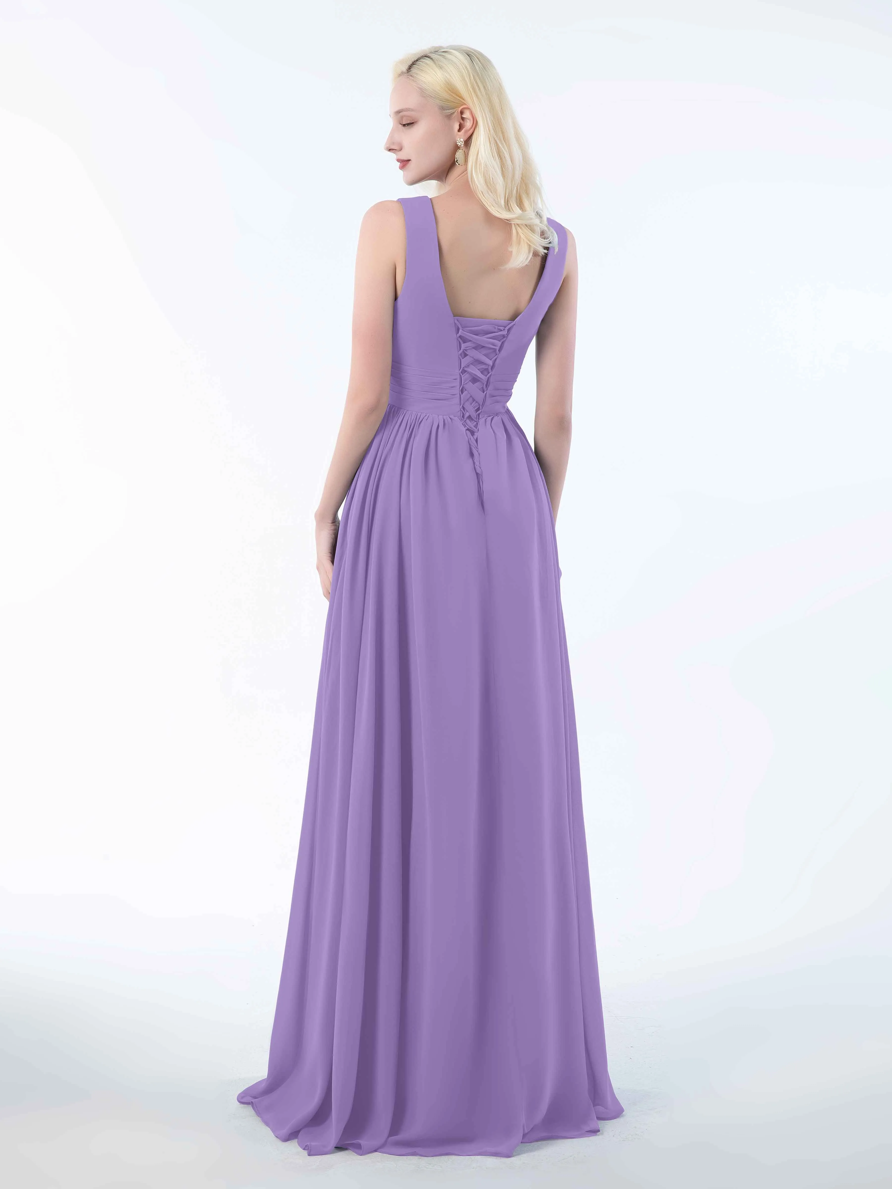 Khloe Flattering V Neck Pleated Floor Length Chiffon Bridesmaid Dresses