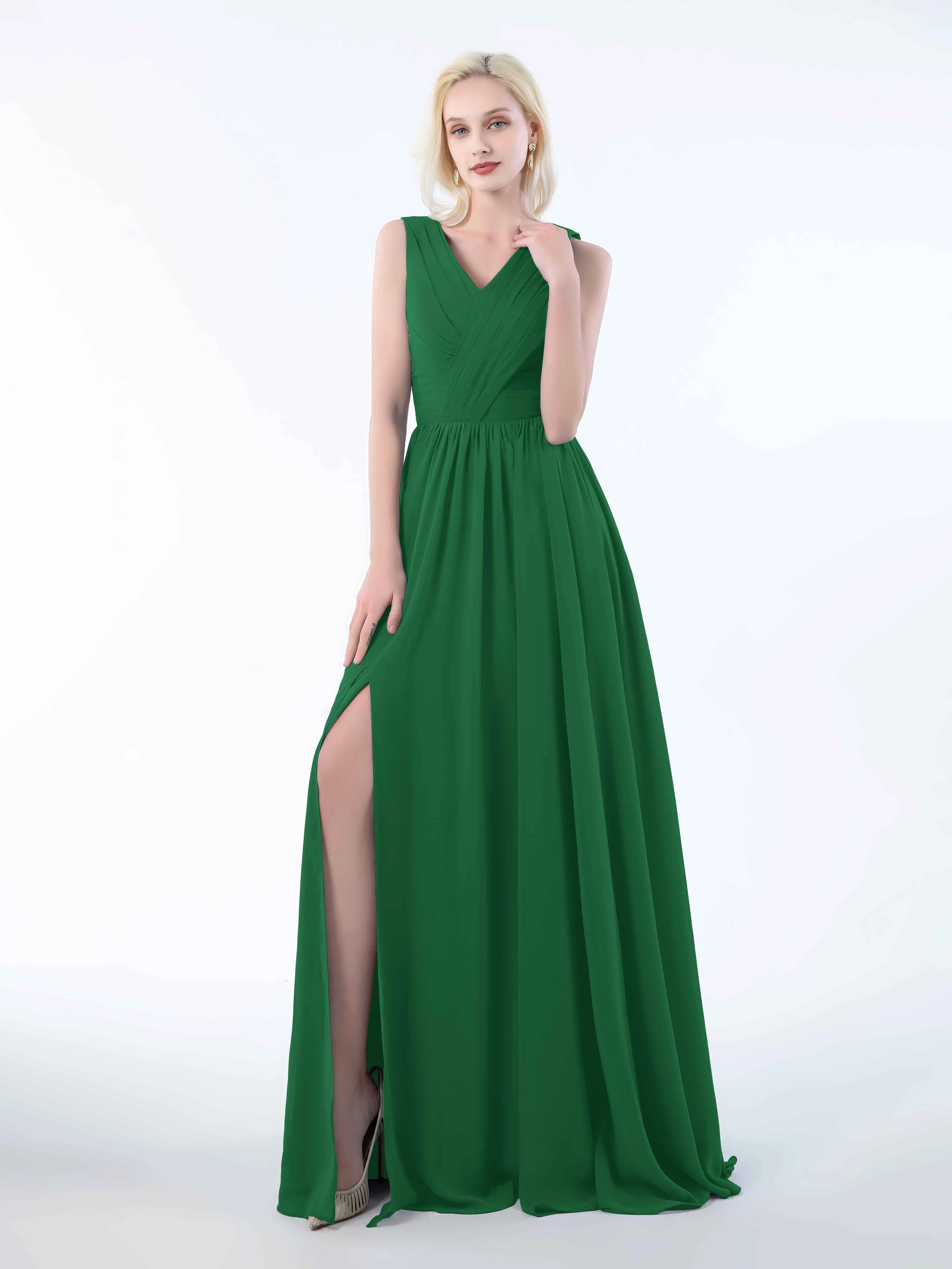 Khloe Flattering V Neck Pleated Floor Length Chiffon Bridesmaid Dresses