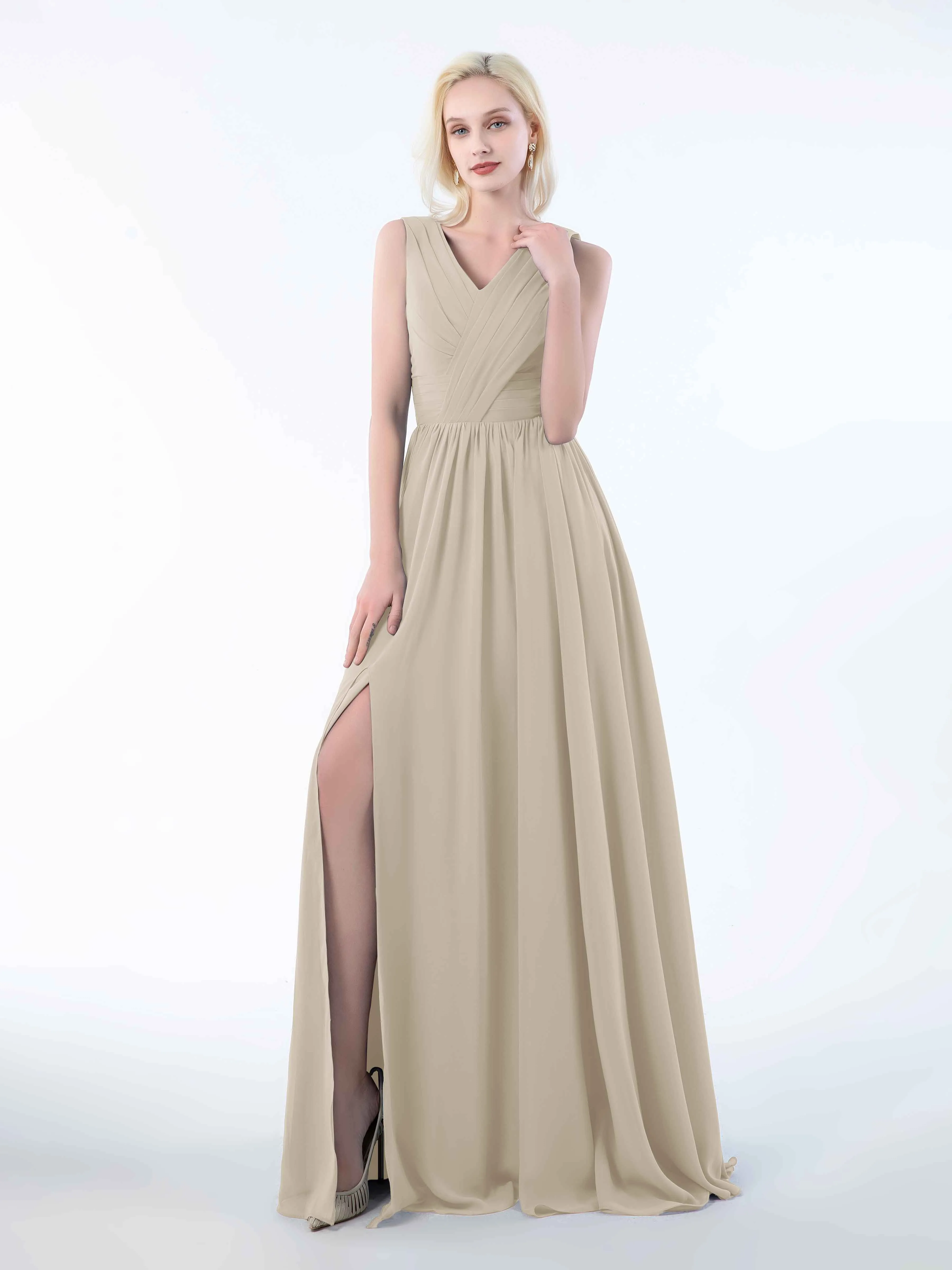 Khloe Flattering V Neck Pleated Floor Length Chiffon Bridesmaid Dresses