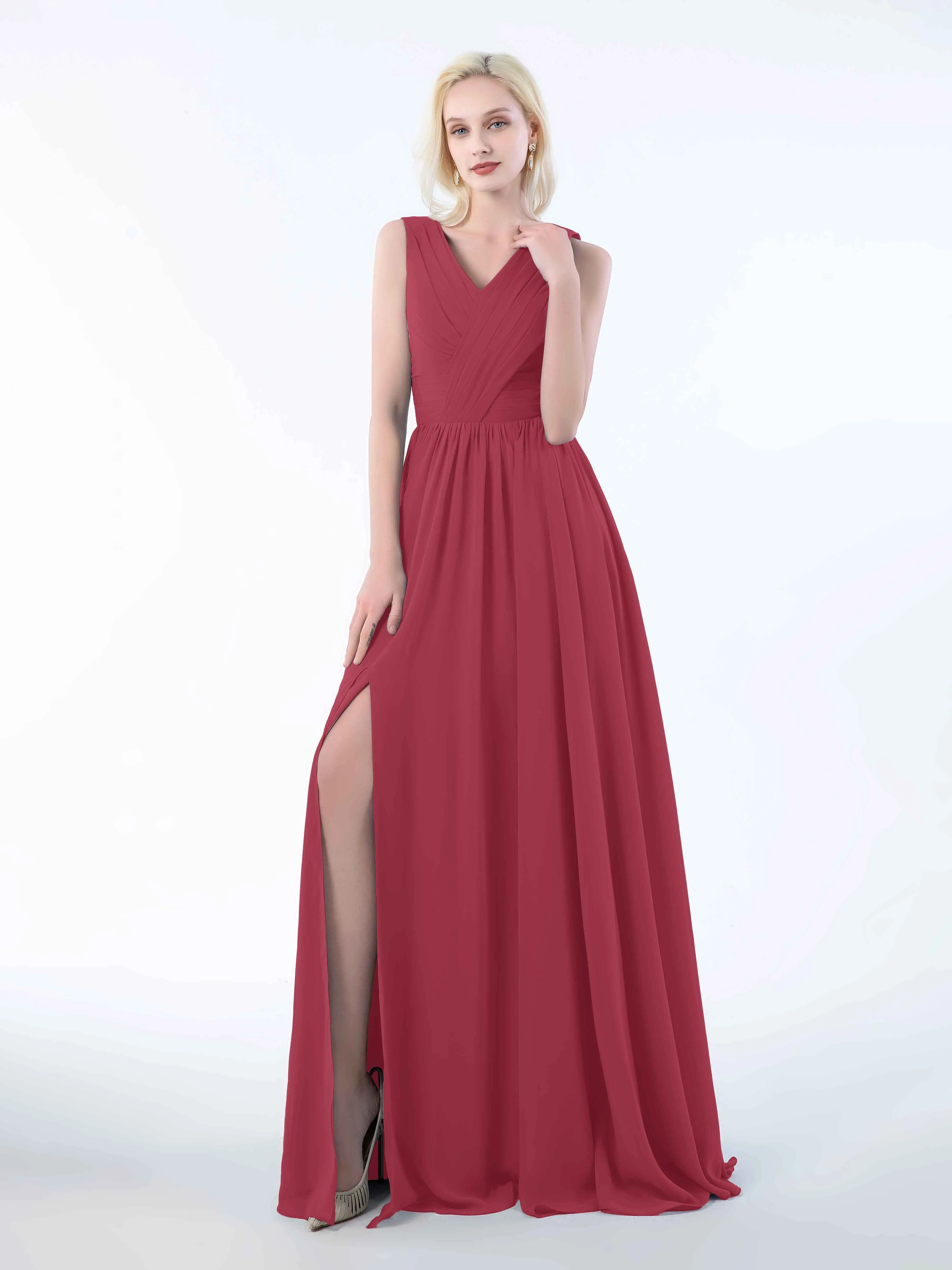 Khloe Flattering V Neck Pleated Floor Length Chiffon Bridesmaid Dresses