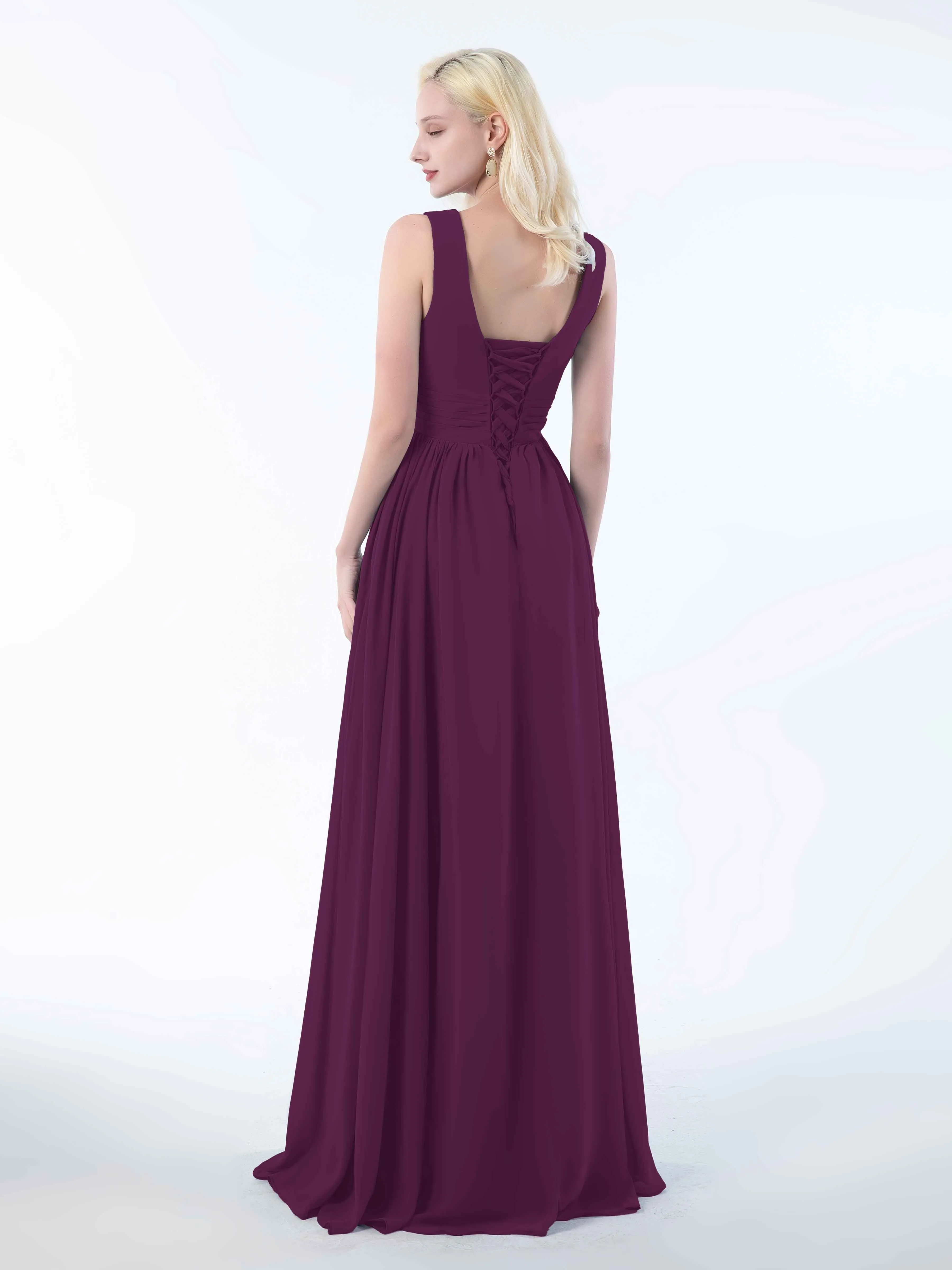 Khloe Flattering V Neck Pleated Floor Length Chiffon Bridesmaid Dresses