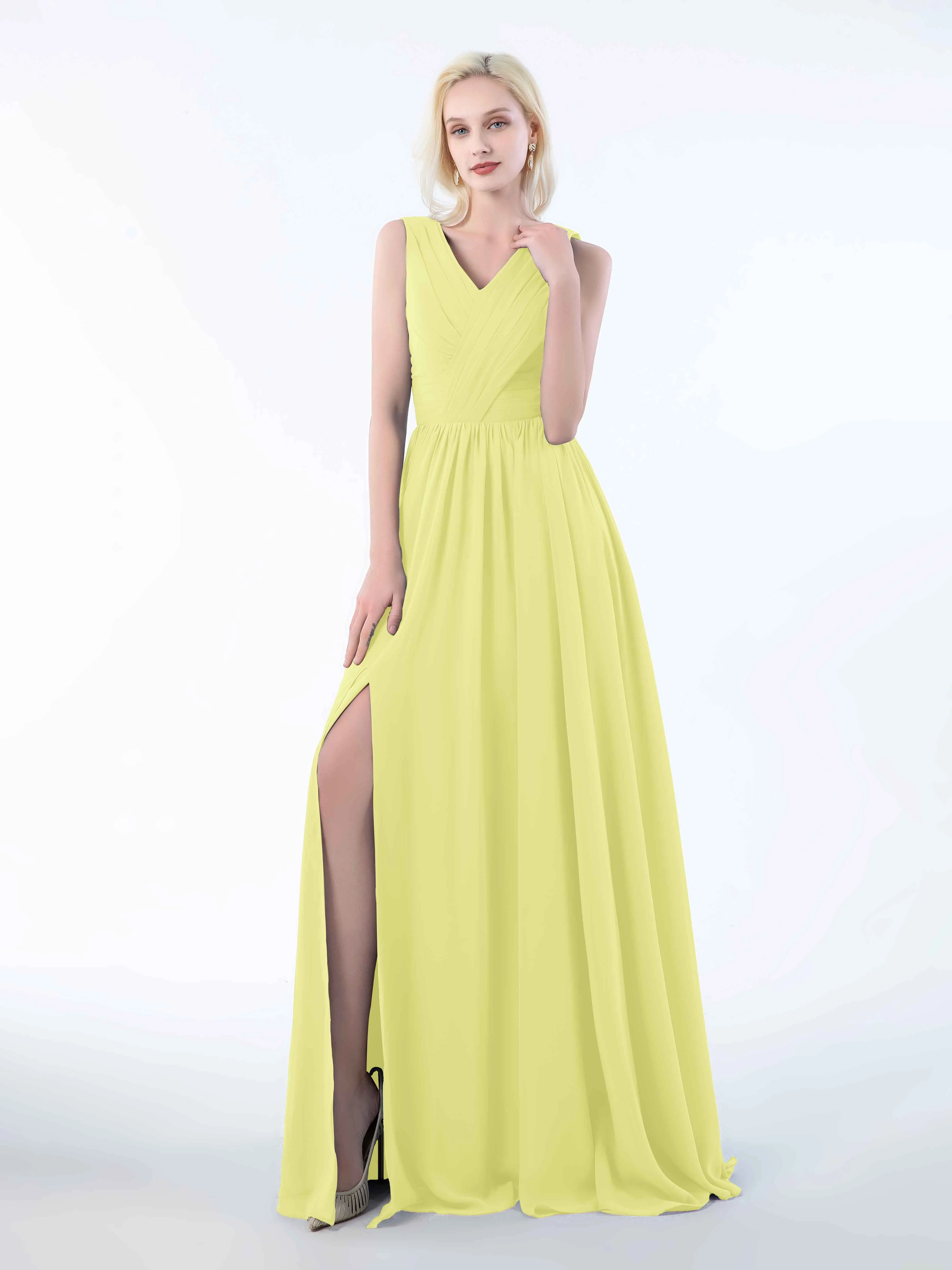 Khloe Flattering V Neck Pleated Floor Length Chiffon Bridesmaid Dresses