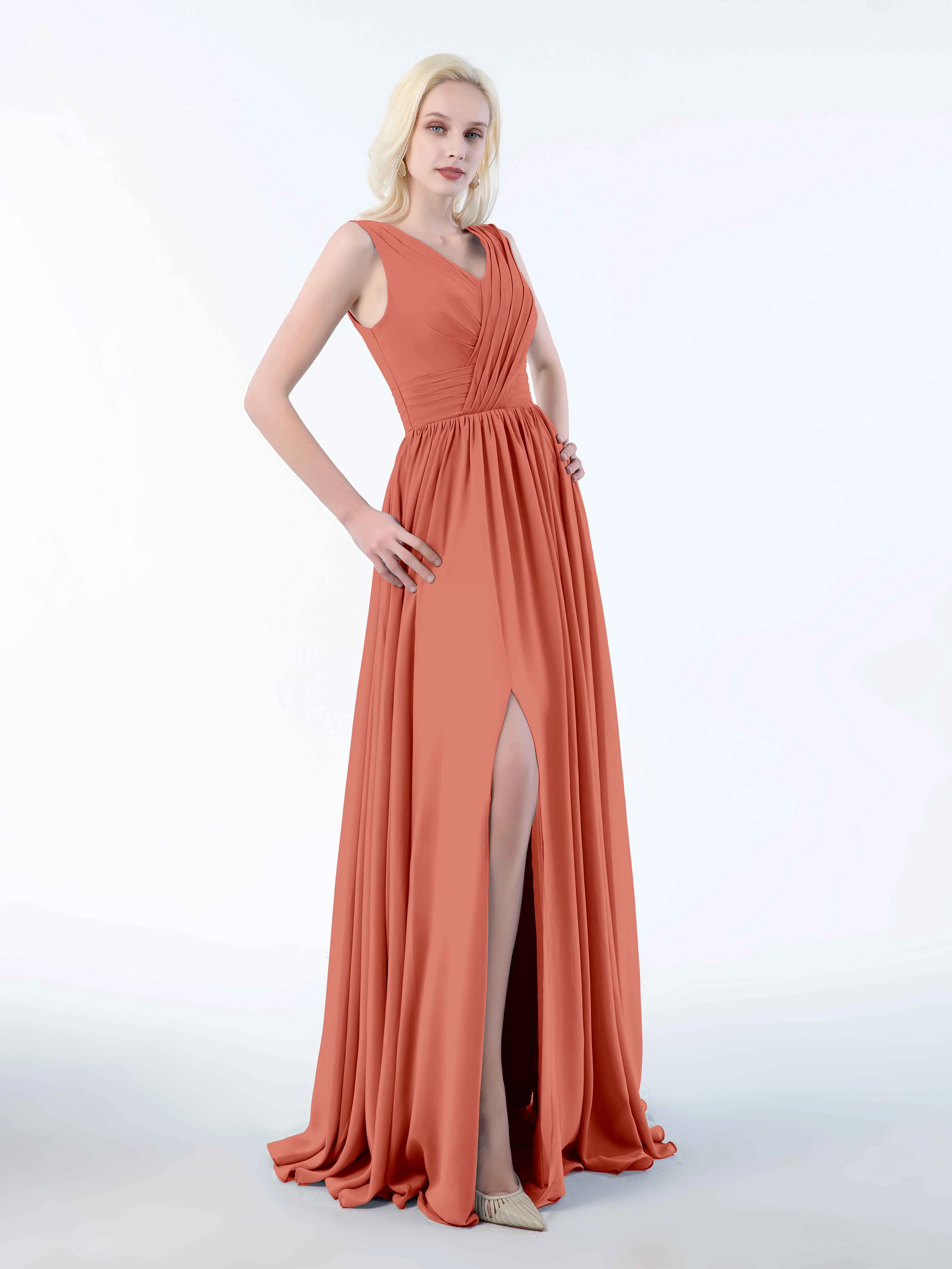 Khloe Flattering V Neck Pleated Floor Length Chiffon Bridesmaid Dresses