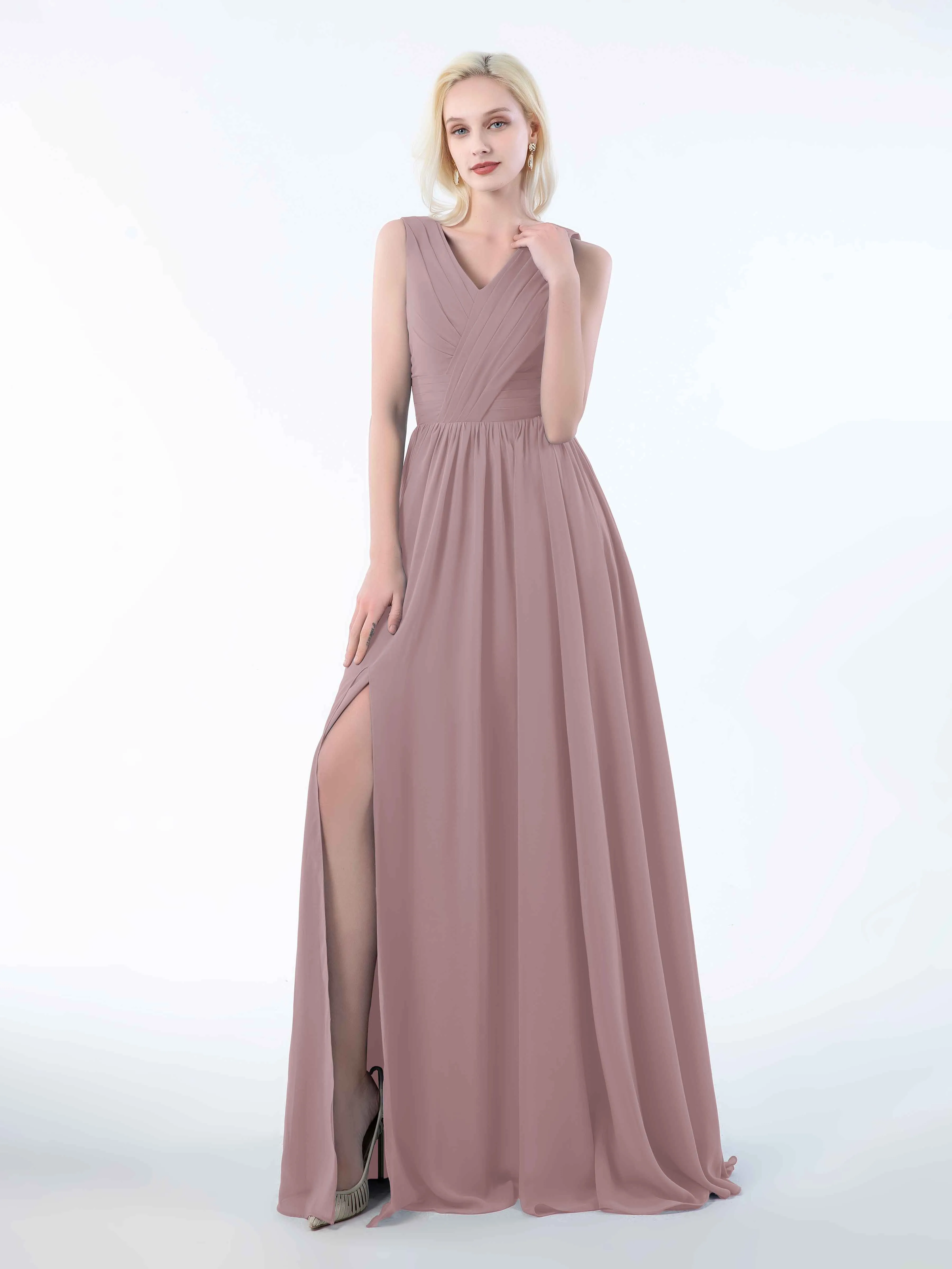 Khloe Flattering V Neck Pleated Floor Length Chiffon Bridesmaid Dresses