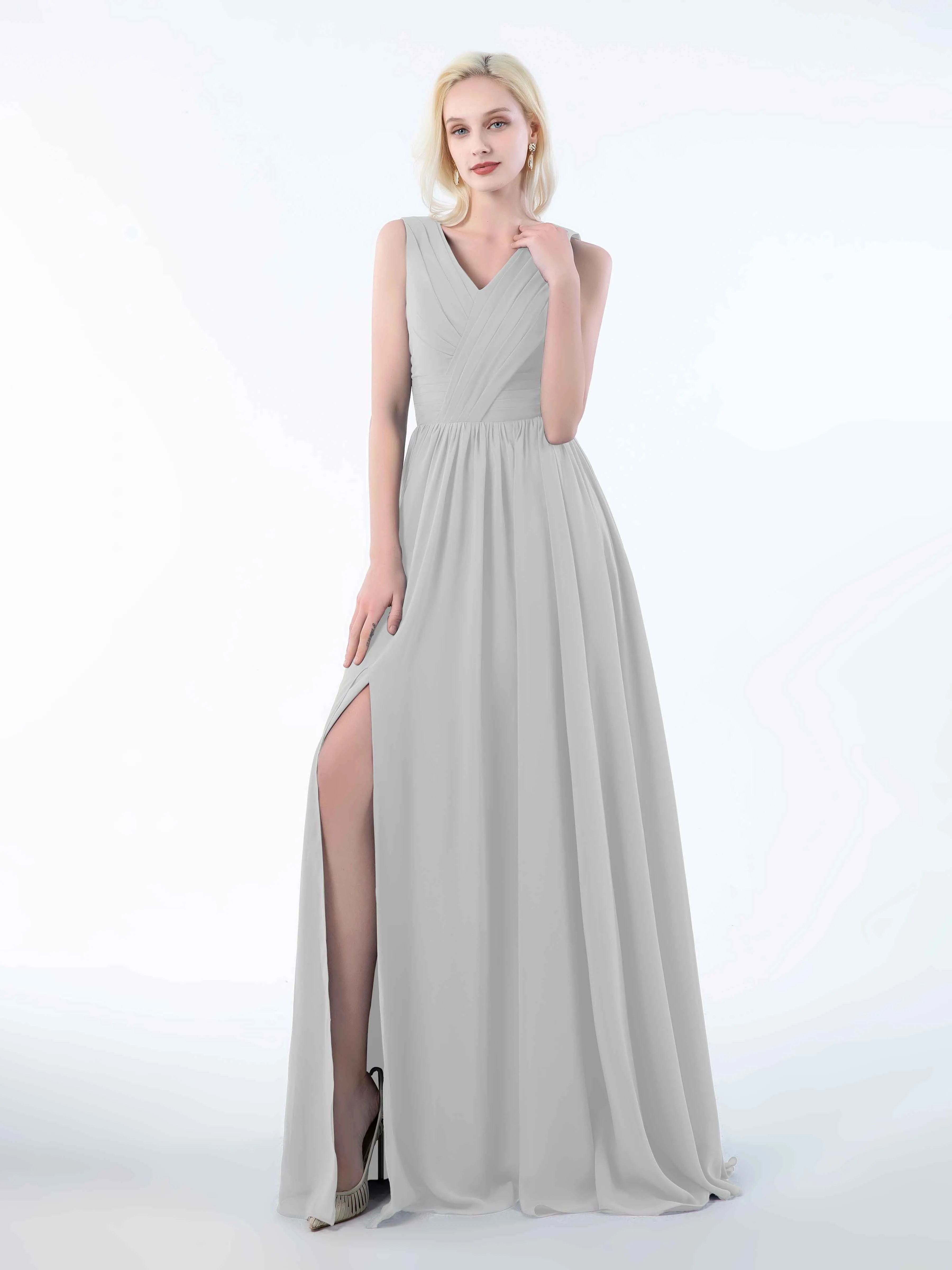 Khloe Flattering V Neck Pleated Floor Length Chiffon Bridesmaid Dresses
