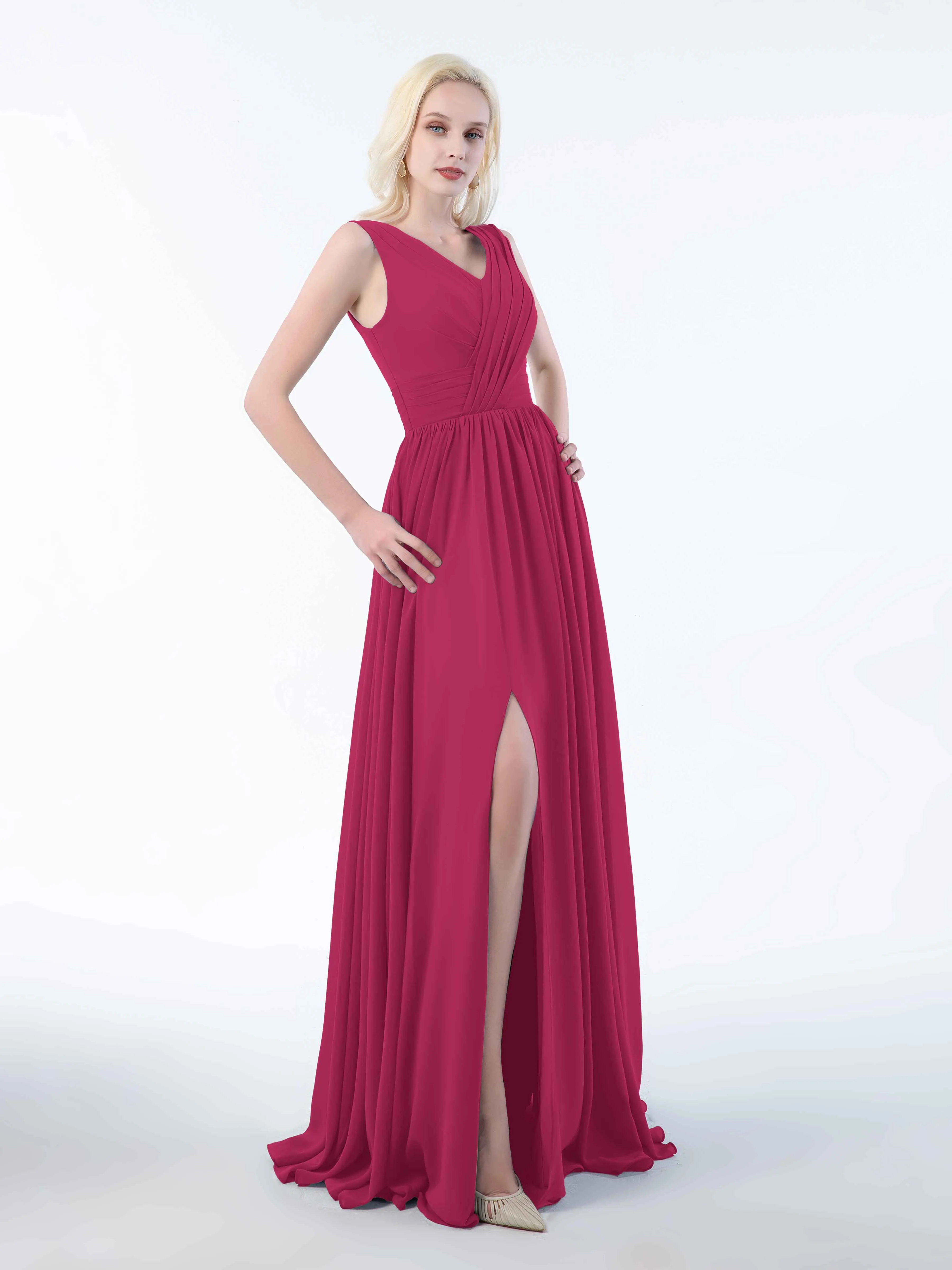Khloe Flattering V Neck Pleated Floor Length Chiffon Bridesmaid Dresses
