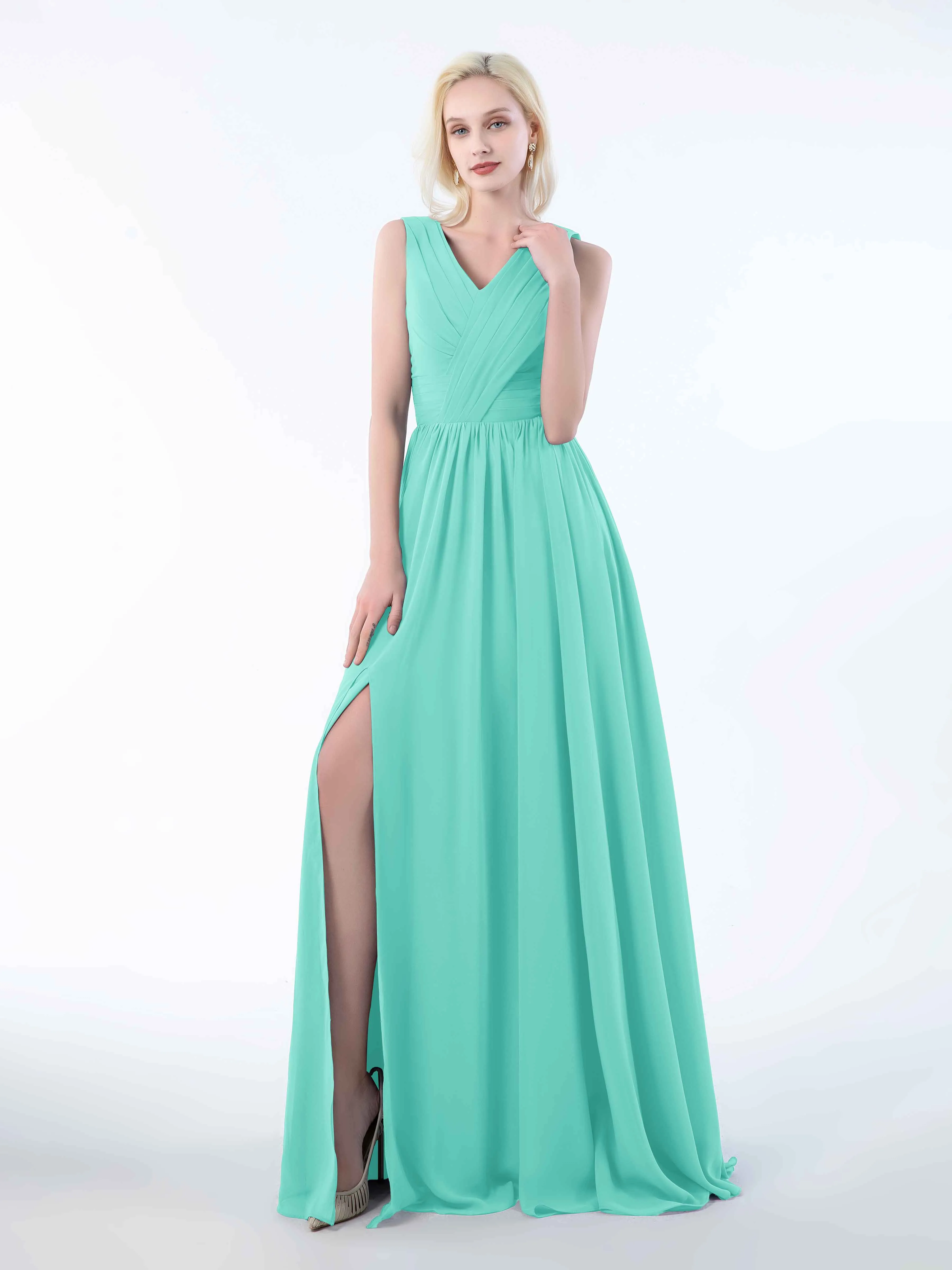 Khloe Flattering V Neck Pleated Floor Length Chiffon Bridesmaid Dresses