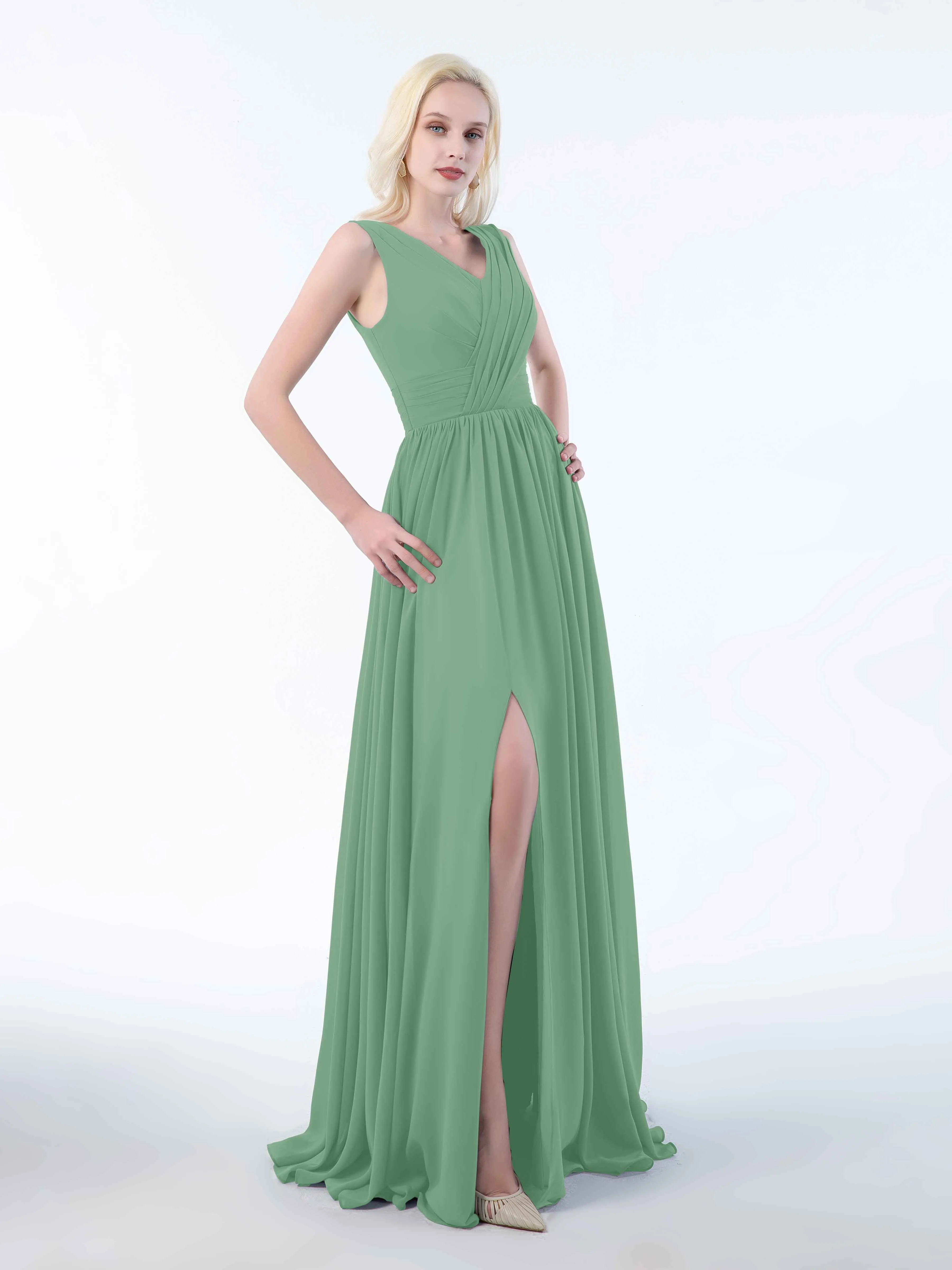 Khloe Flattering V Neck Pleated Floor Length Chiffon Bridesmaid Dresses
