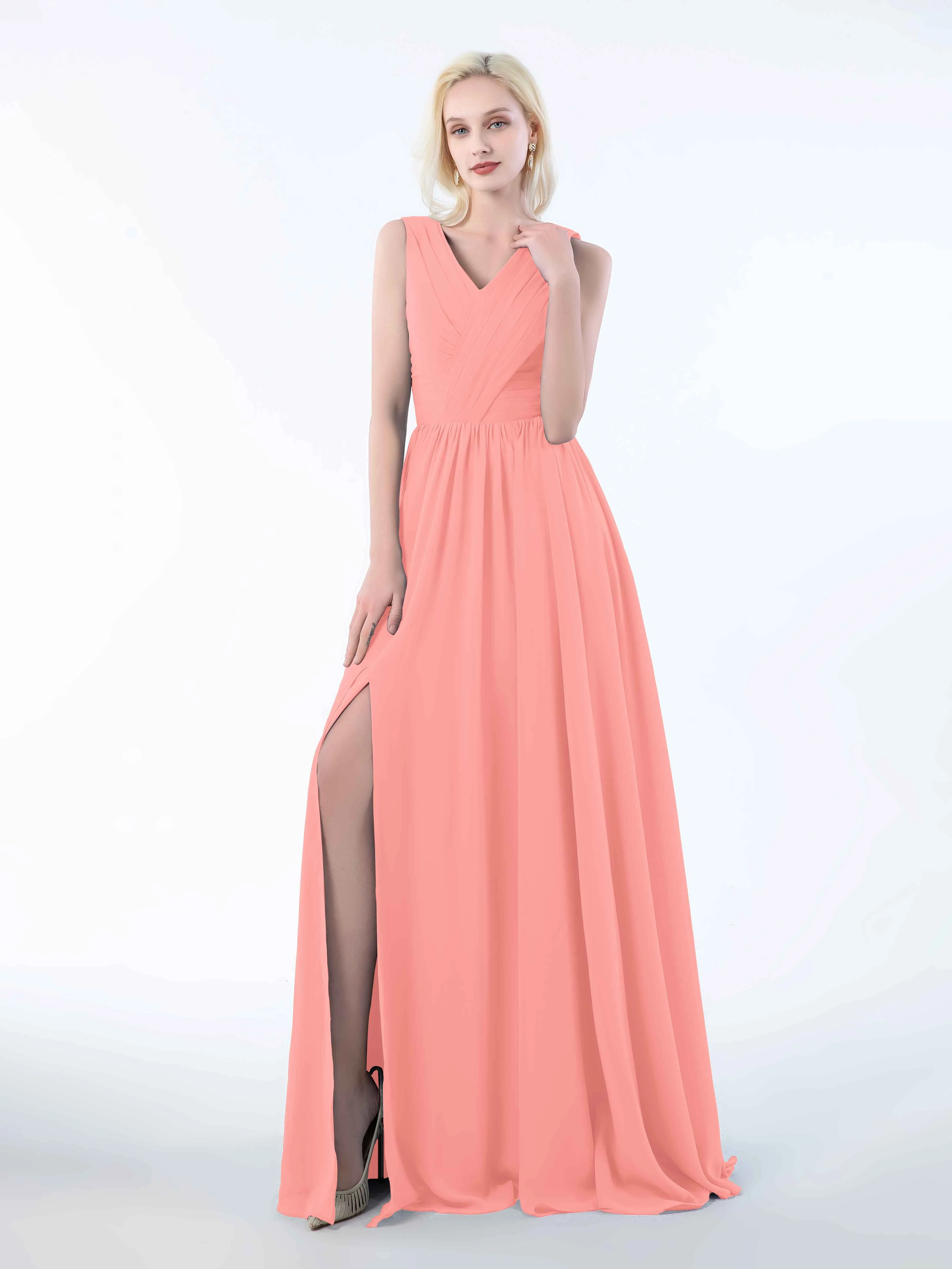 Khloe Flattering V Neck Pleated Floor Length Chiffon Bridesmaid Dresses