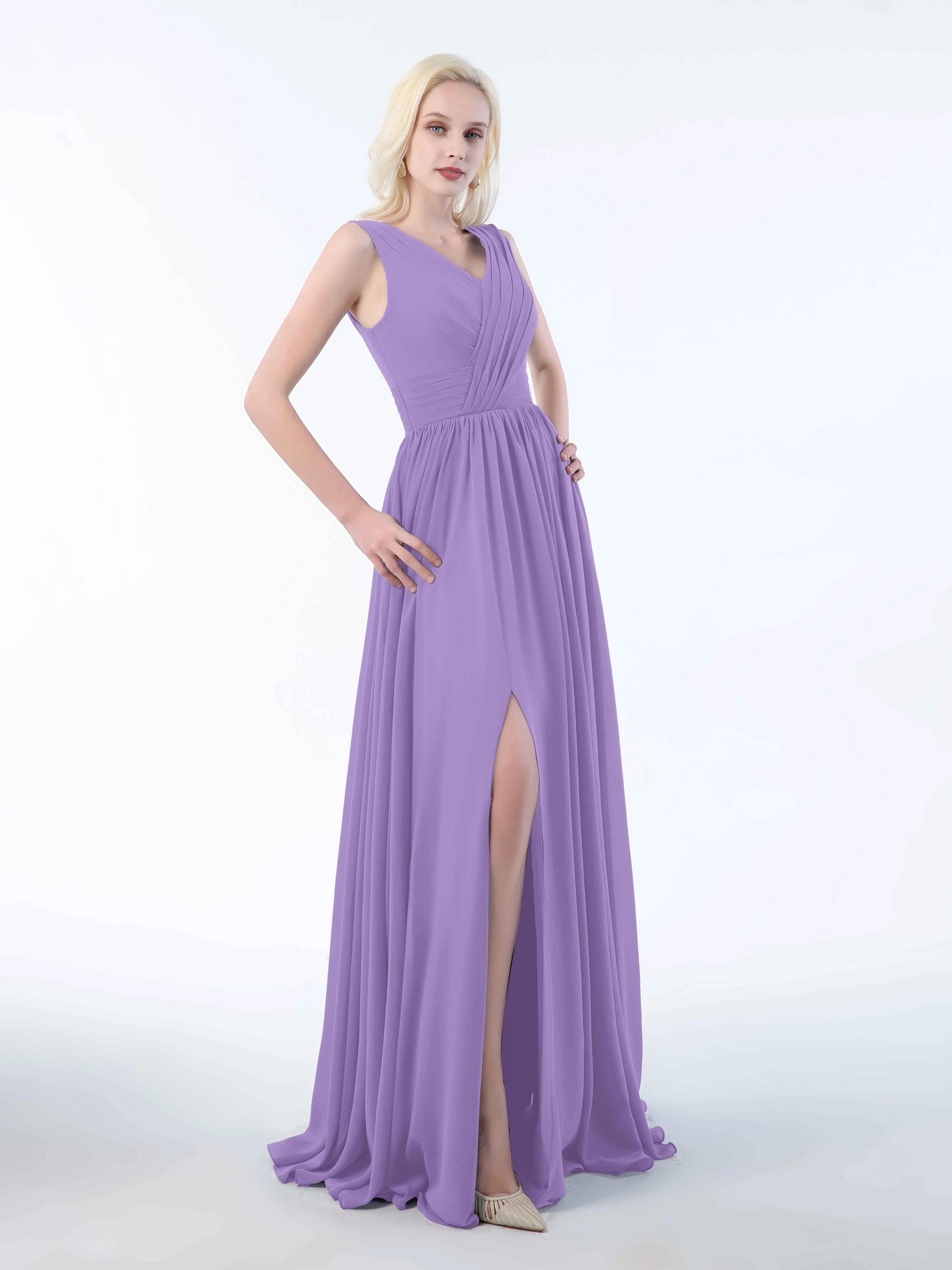 Khloe Flattering V Neck Pleated Floor Length Chiffon Bridesmaid Dresses