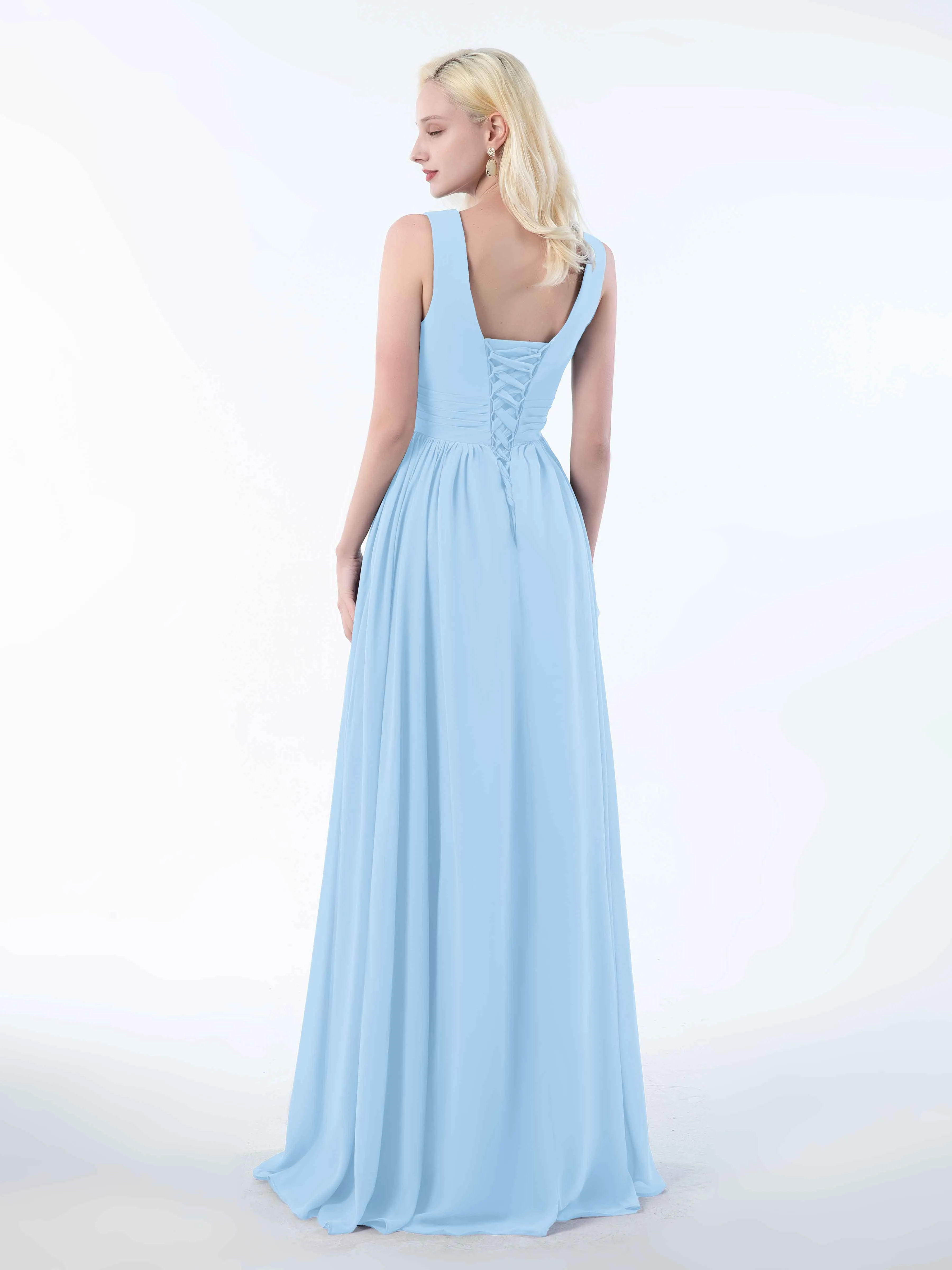 Khloe Flattering V Neck Pleated Floor Length Chiffon Bridesmaid Dresses