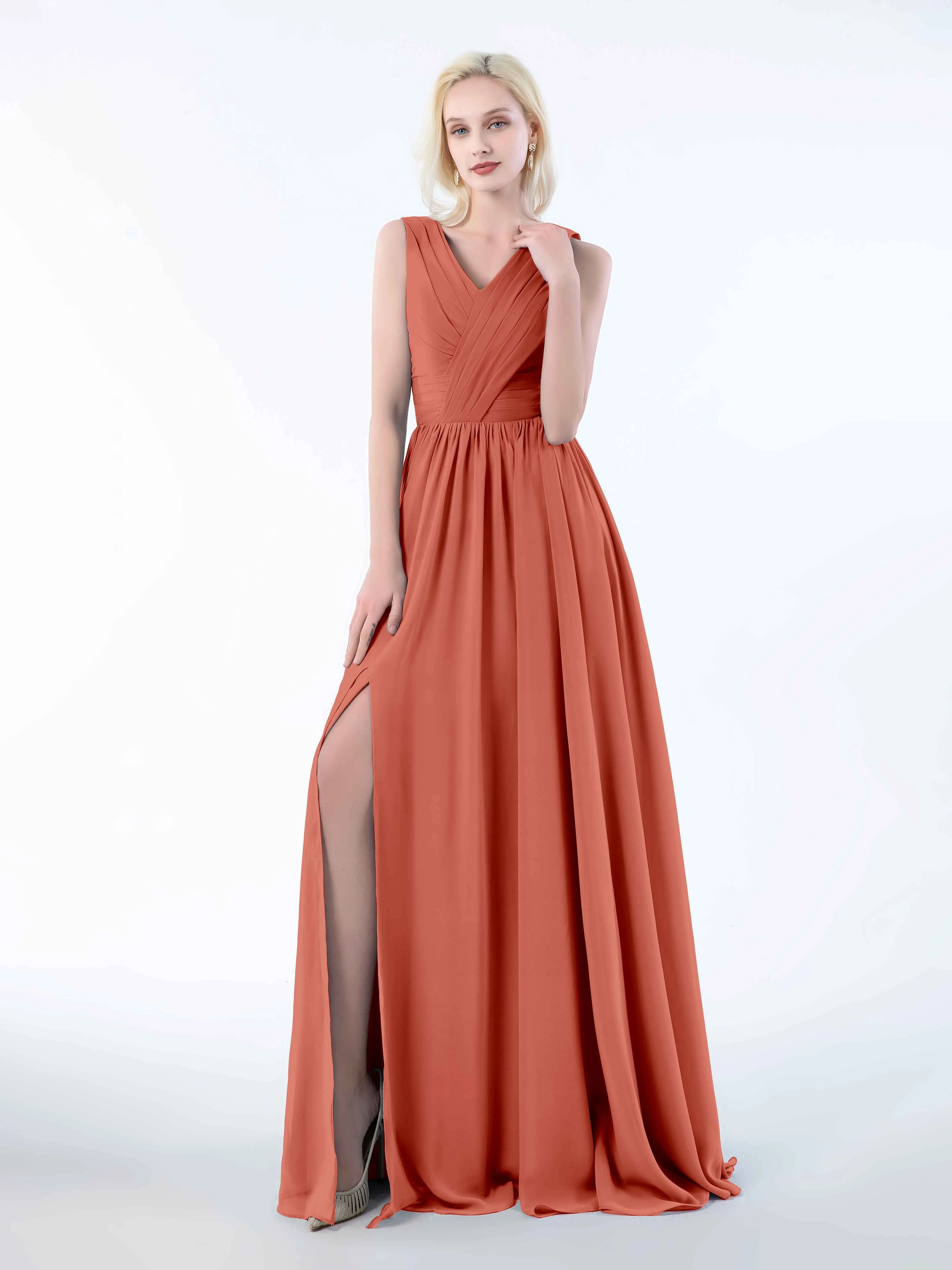 Khloe Flattering V Neck Pleated Floor Length Chiffon Bridesmaid Dresses