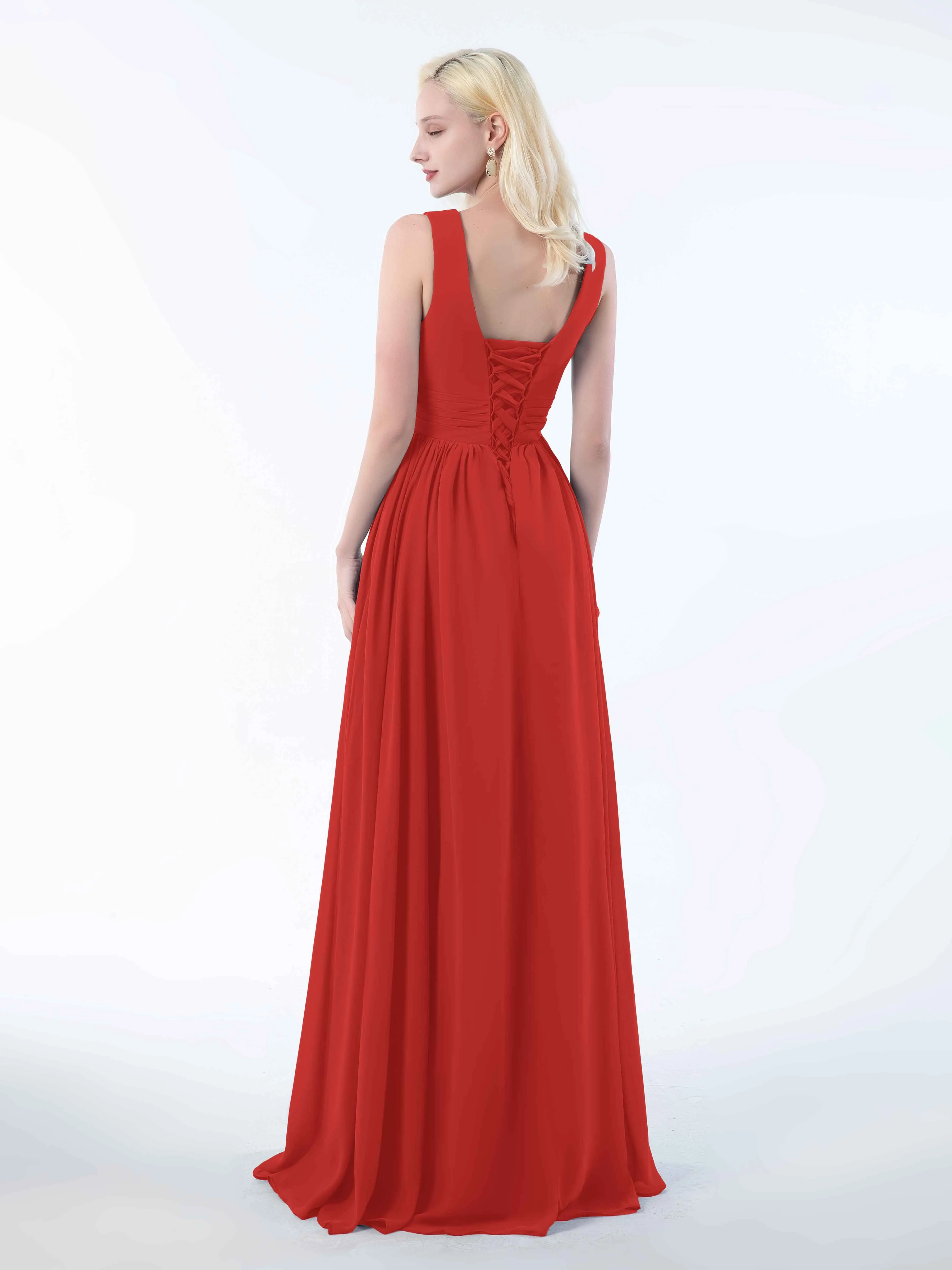 Khloe Flattering V Neck Pleated Floor Length Chiffon Bridesmaid Dresses