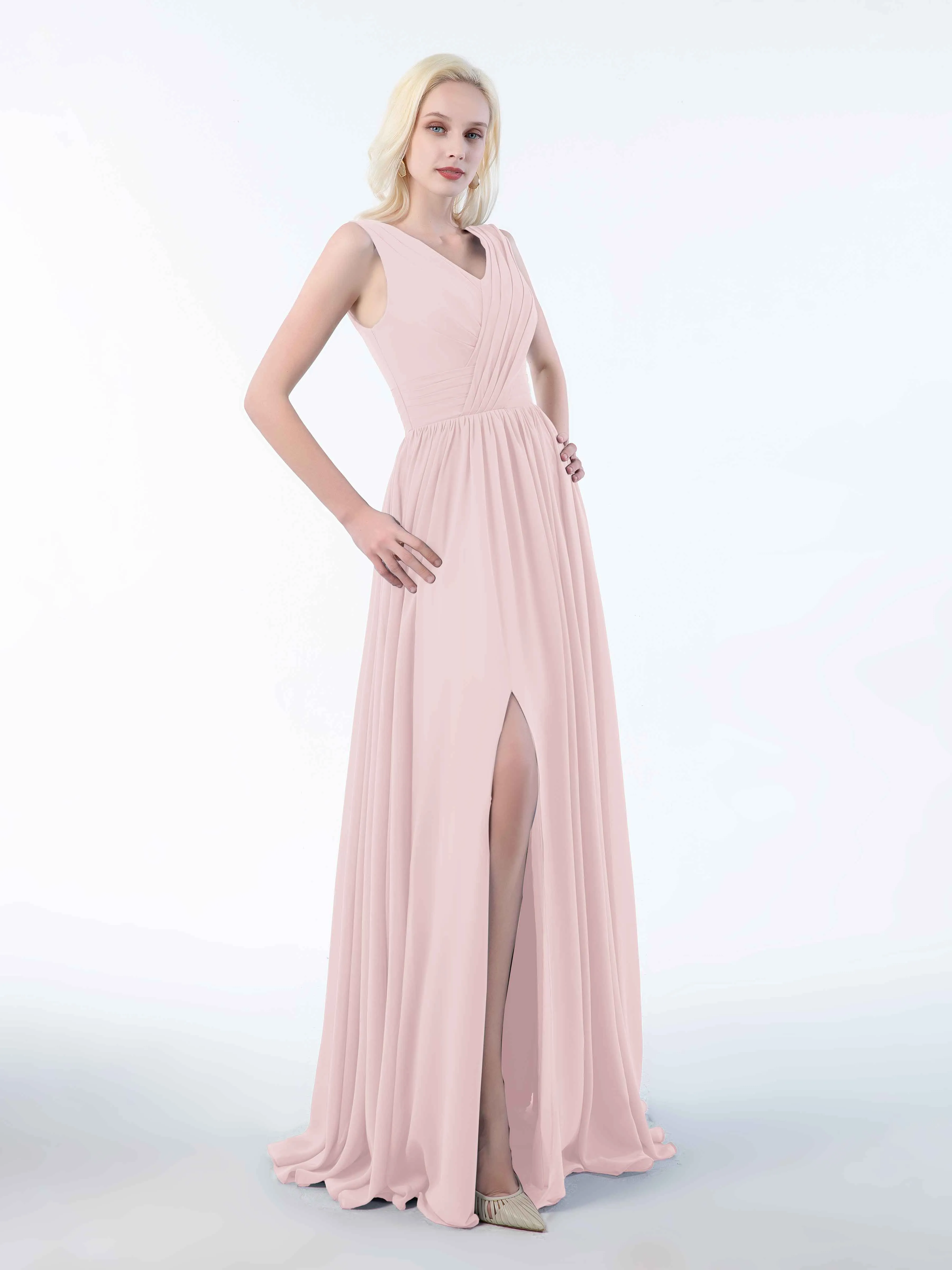 Khloe Flattering V Neck Pleated Floor Length Chiffon Bridesmaid Dresses