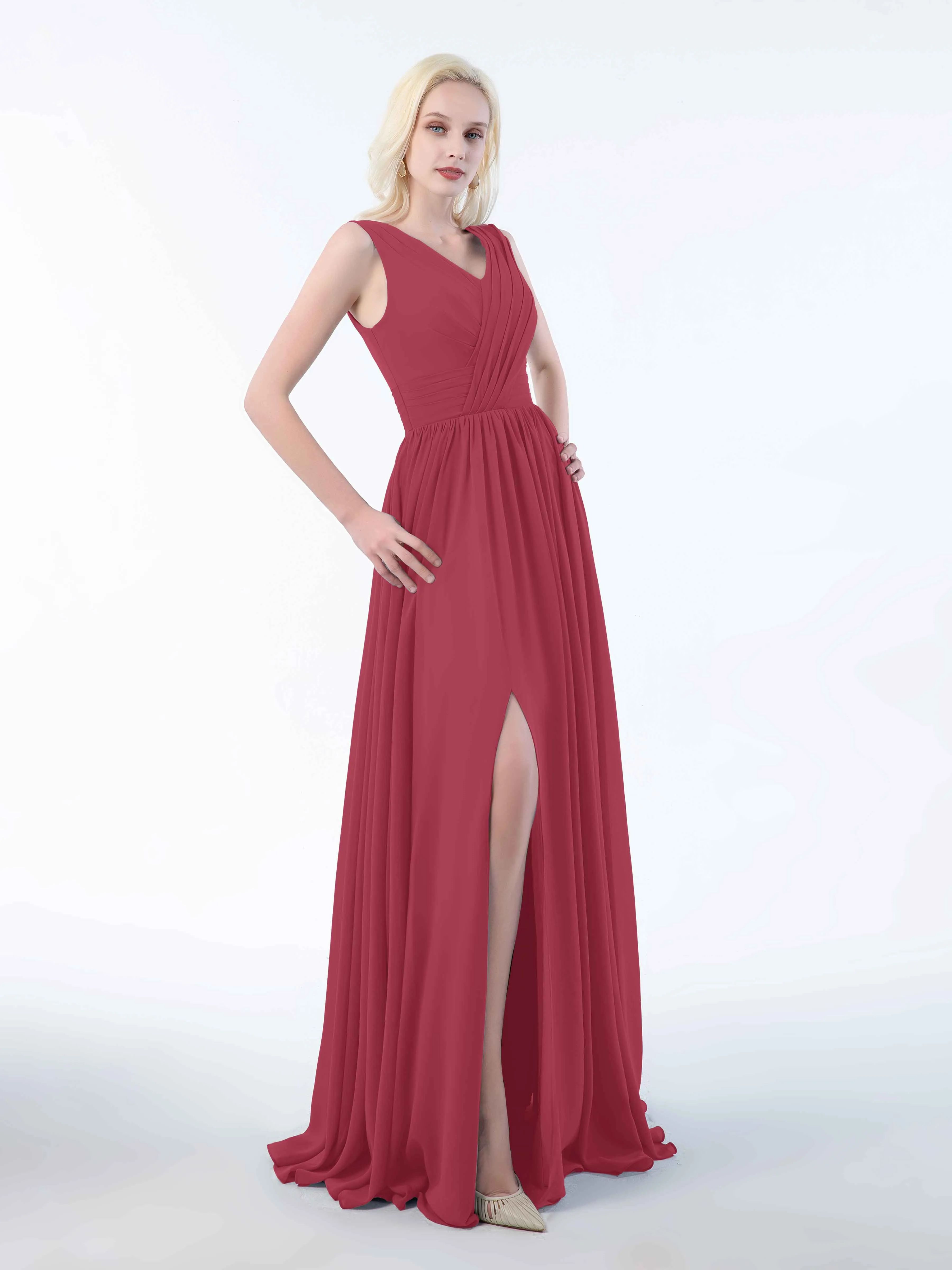 Khloe Flattering V Neck Pleated Floor Length Chiffon Bridesmaid Dresses