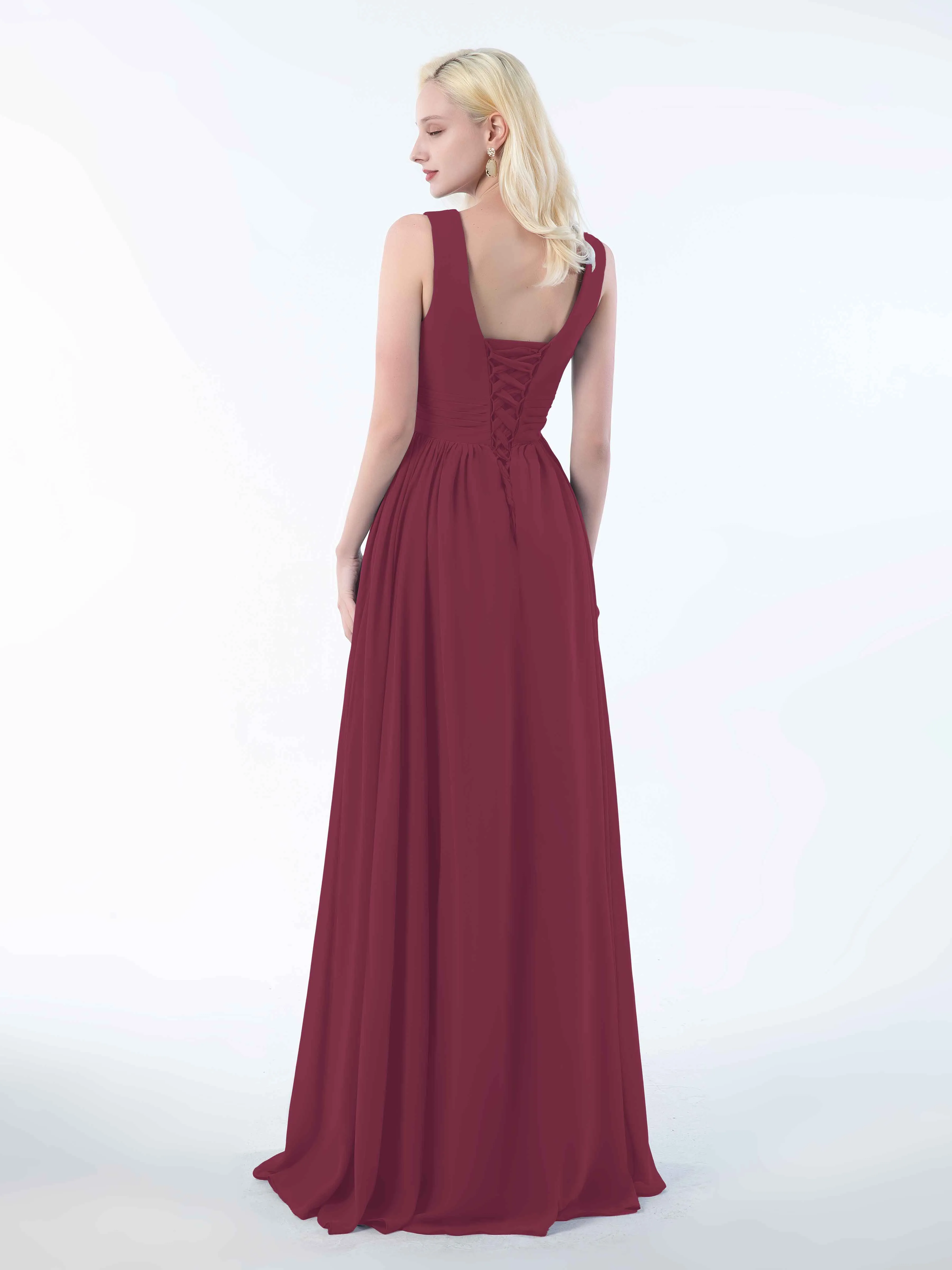 Khloe Flattering V Neck Pleated Floor Length Chiffon Bridesmaid Dresses