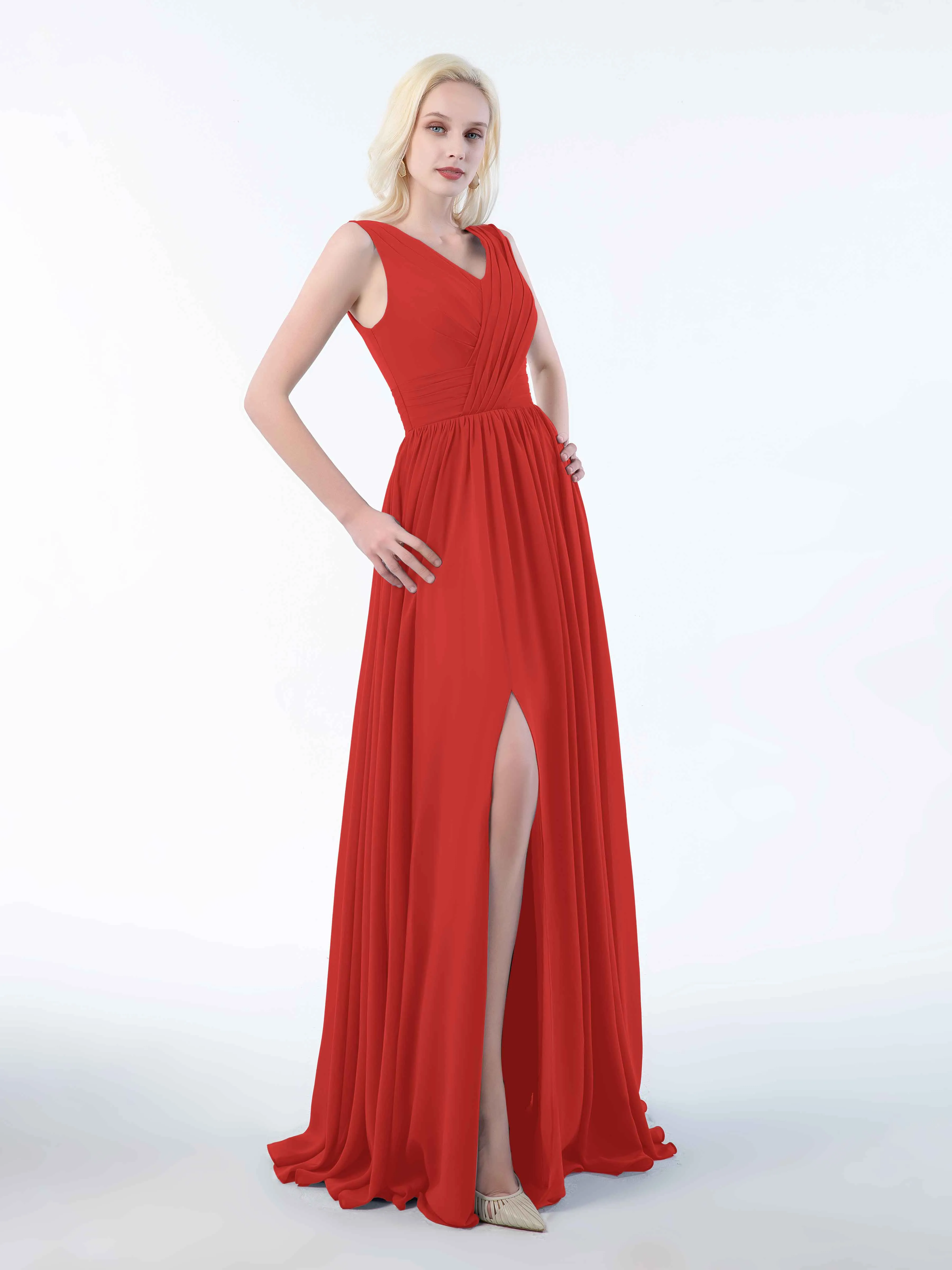 Khloe Flattering V Neck Pleated Floor Length Chiffon Bridesmaid Dresses
