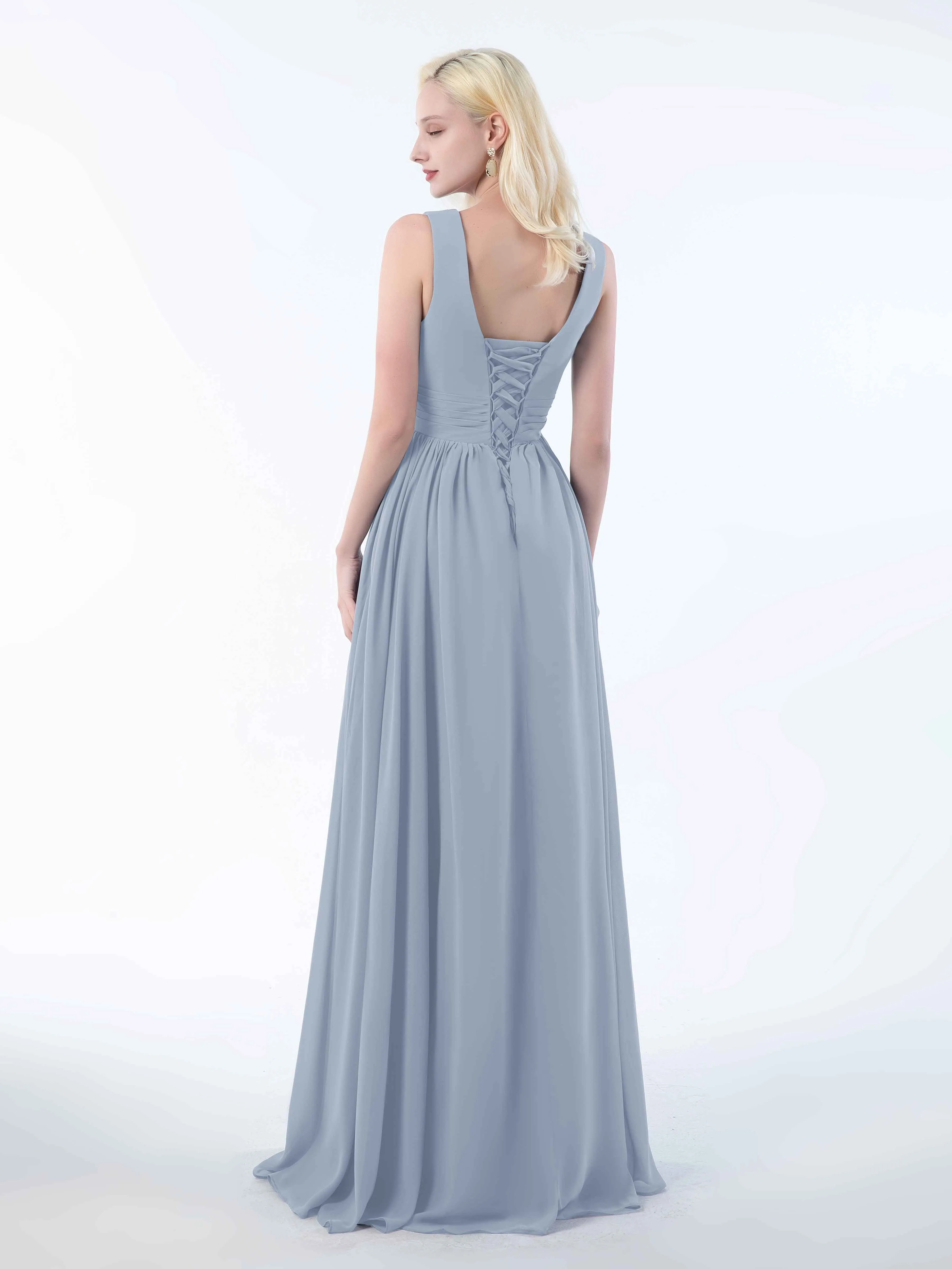 Khloe Flattering V Neck Pleated Floor Length Chiffon Bridesmaid Dresses