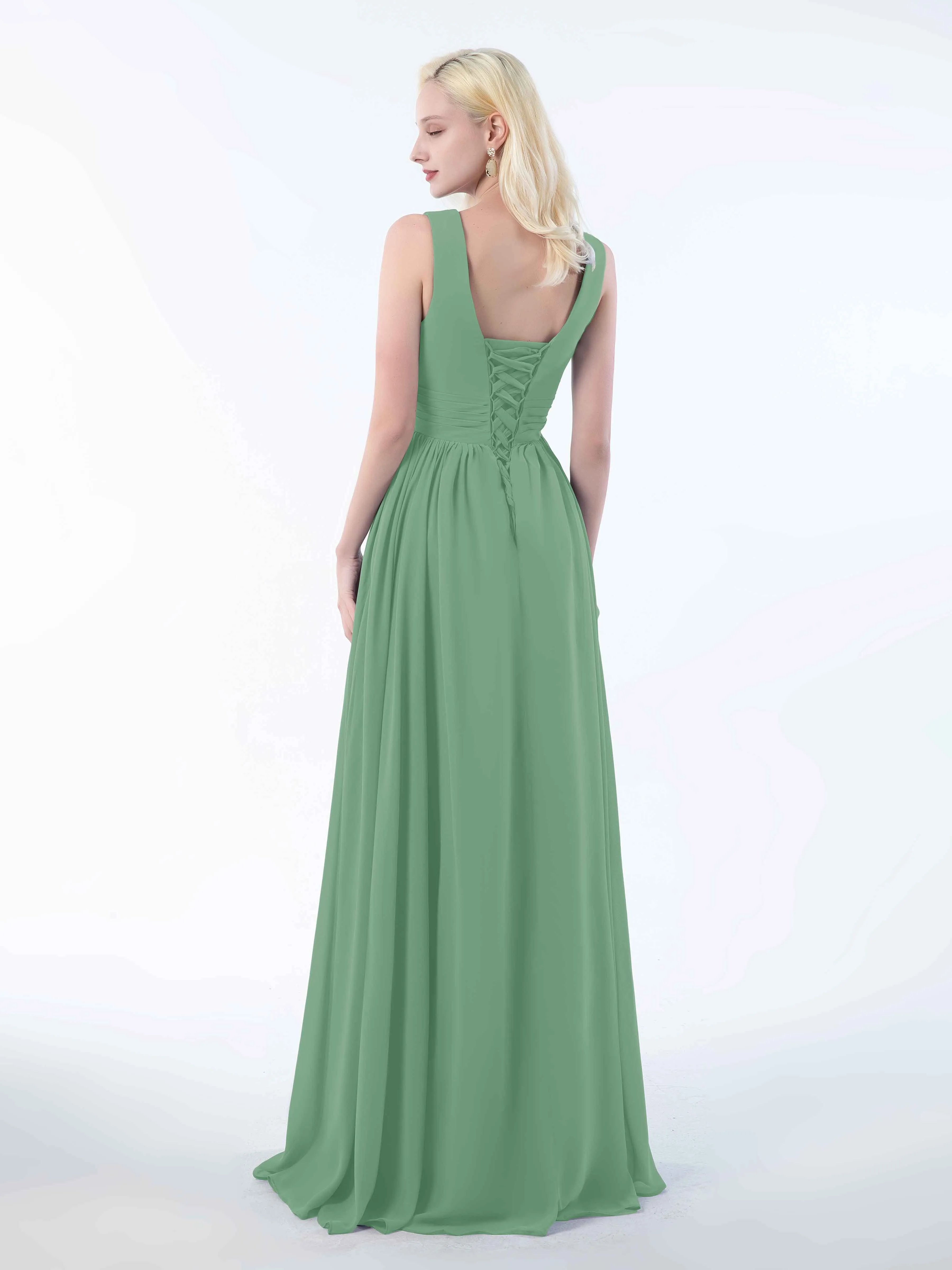 Khloe Flattering V Neck Pleated Floor Length Chiffon Bridesmaid Dresses