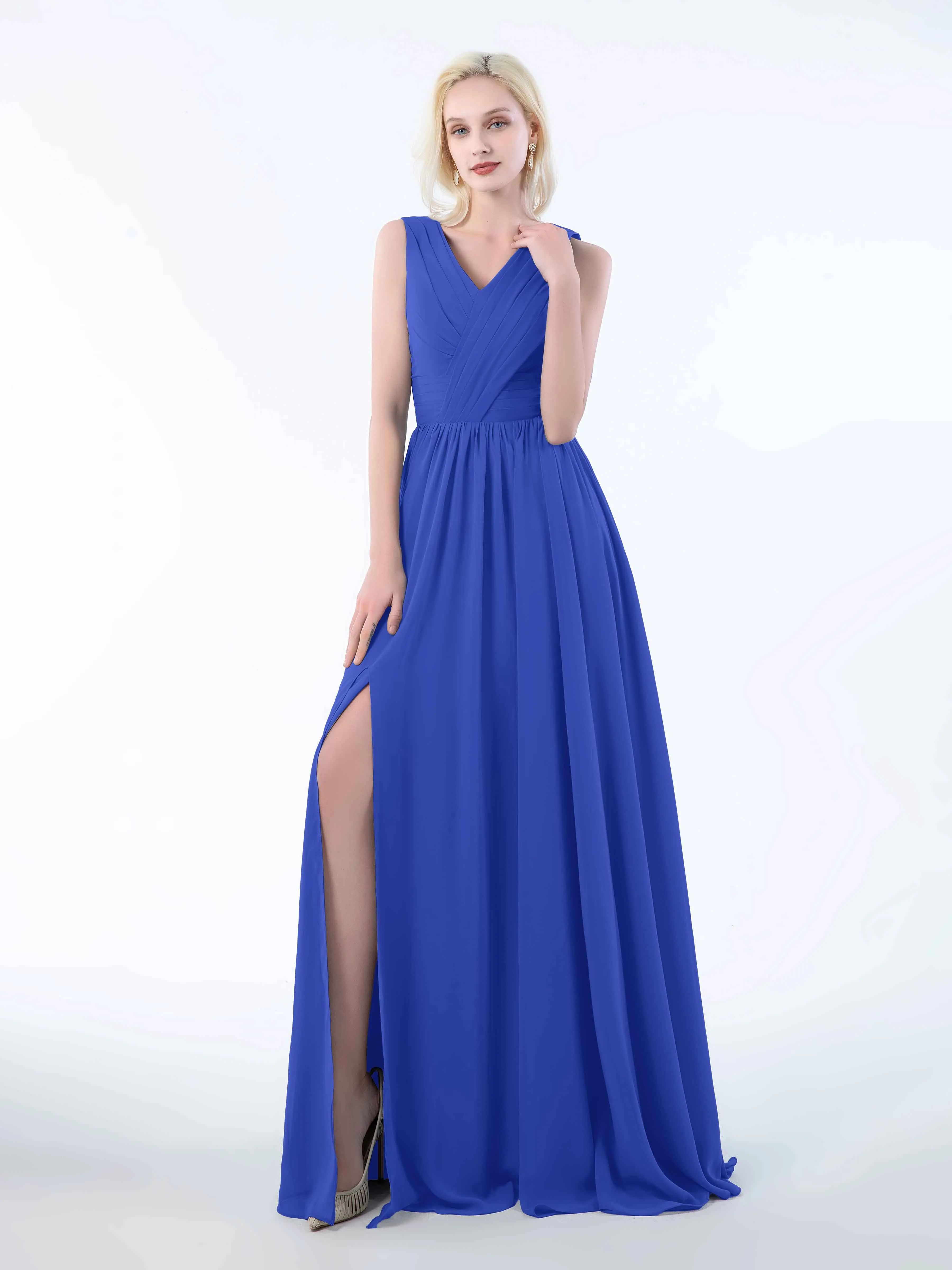 Khloe Flattering V Neck Pleated Floor Length Chiffon Bridesmaid Dresses