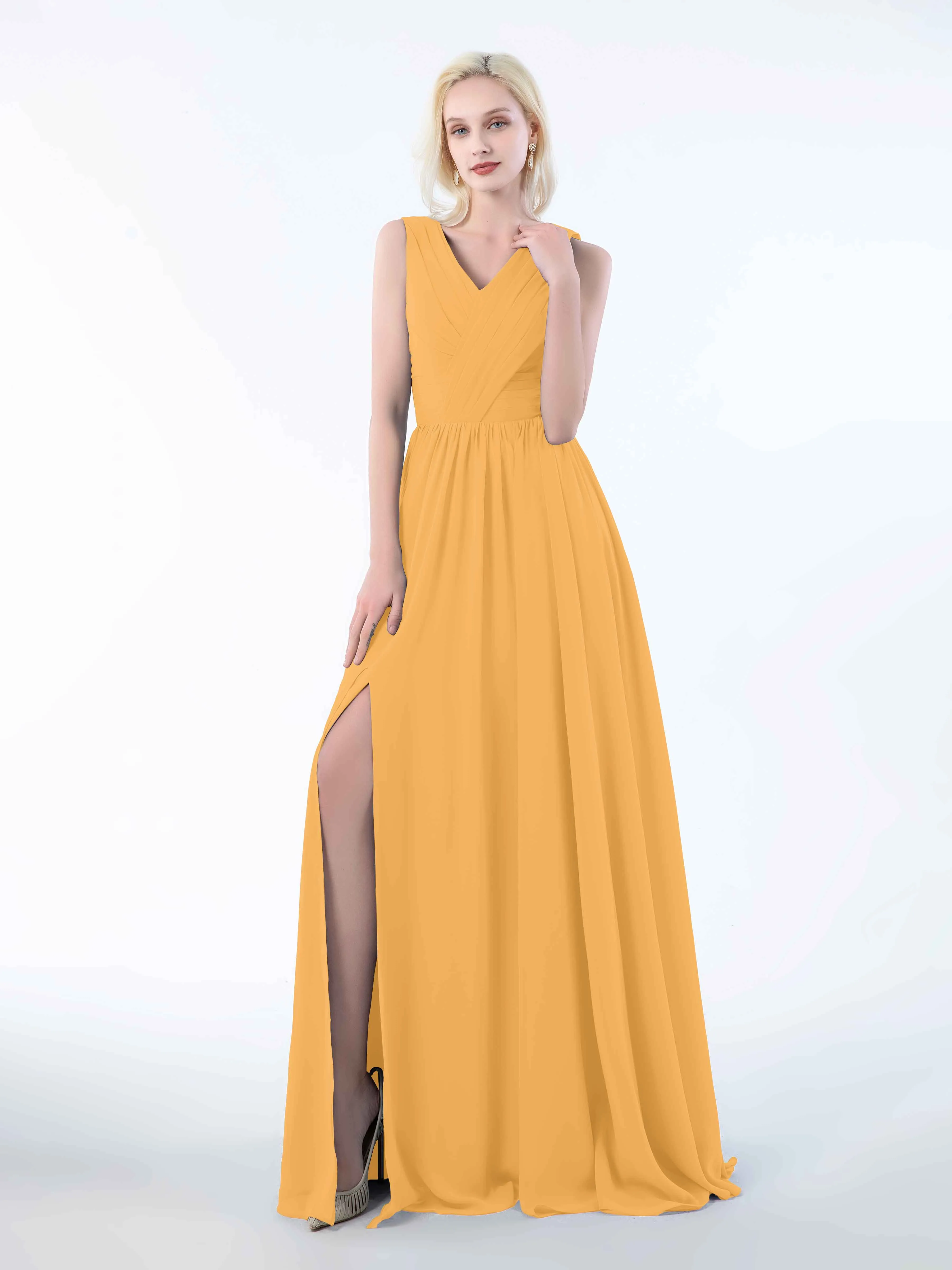 Khloe Flattering V Neck Pleated Floor Length Chiffon Bridesmaid Dresses