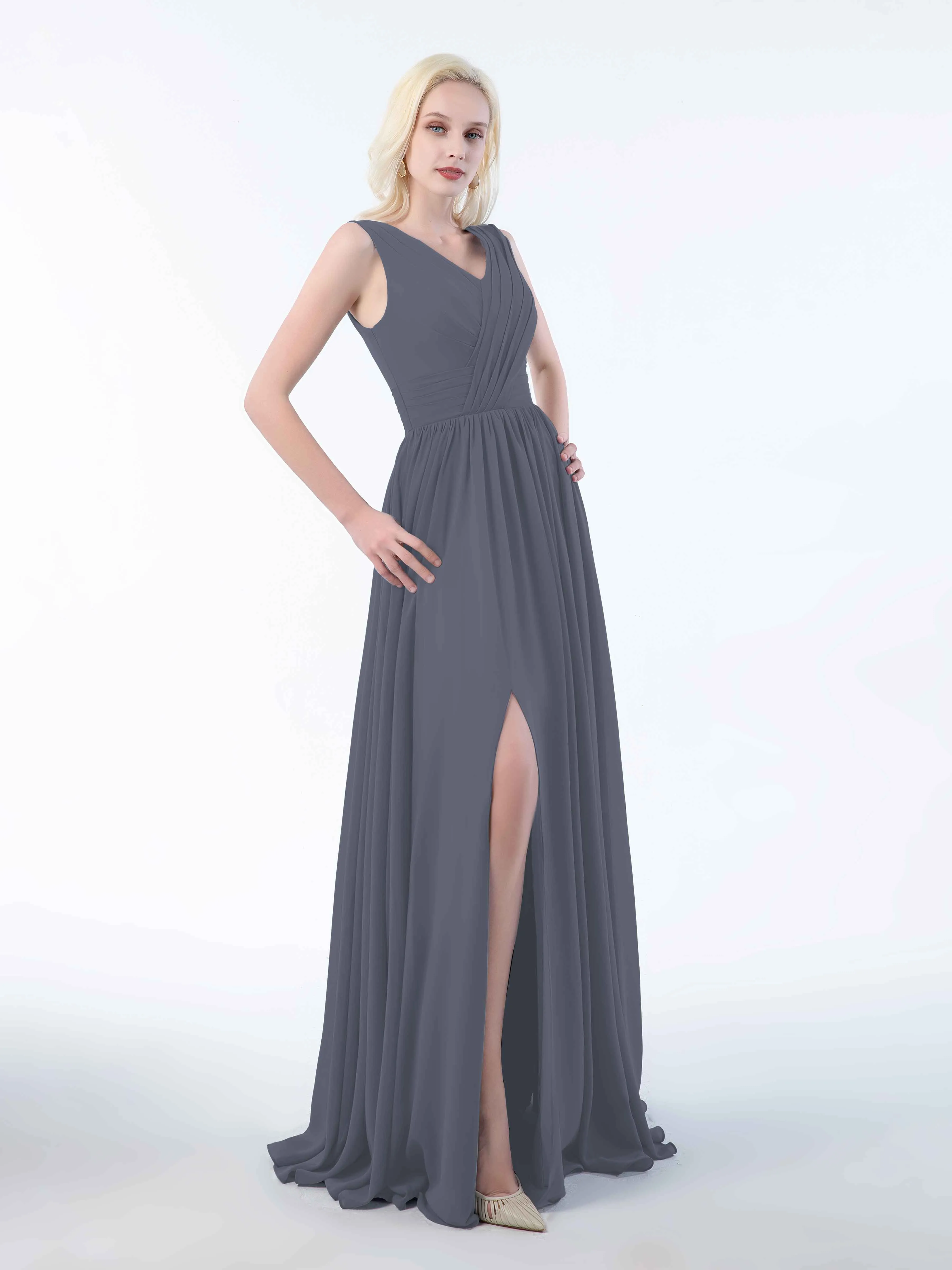 Khloe Flattering V Neck Pleated Floor Length Chiffon Bridesmaid Dresses