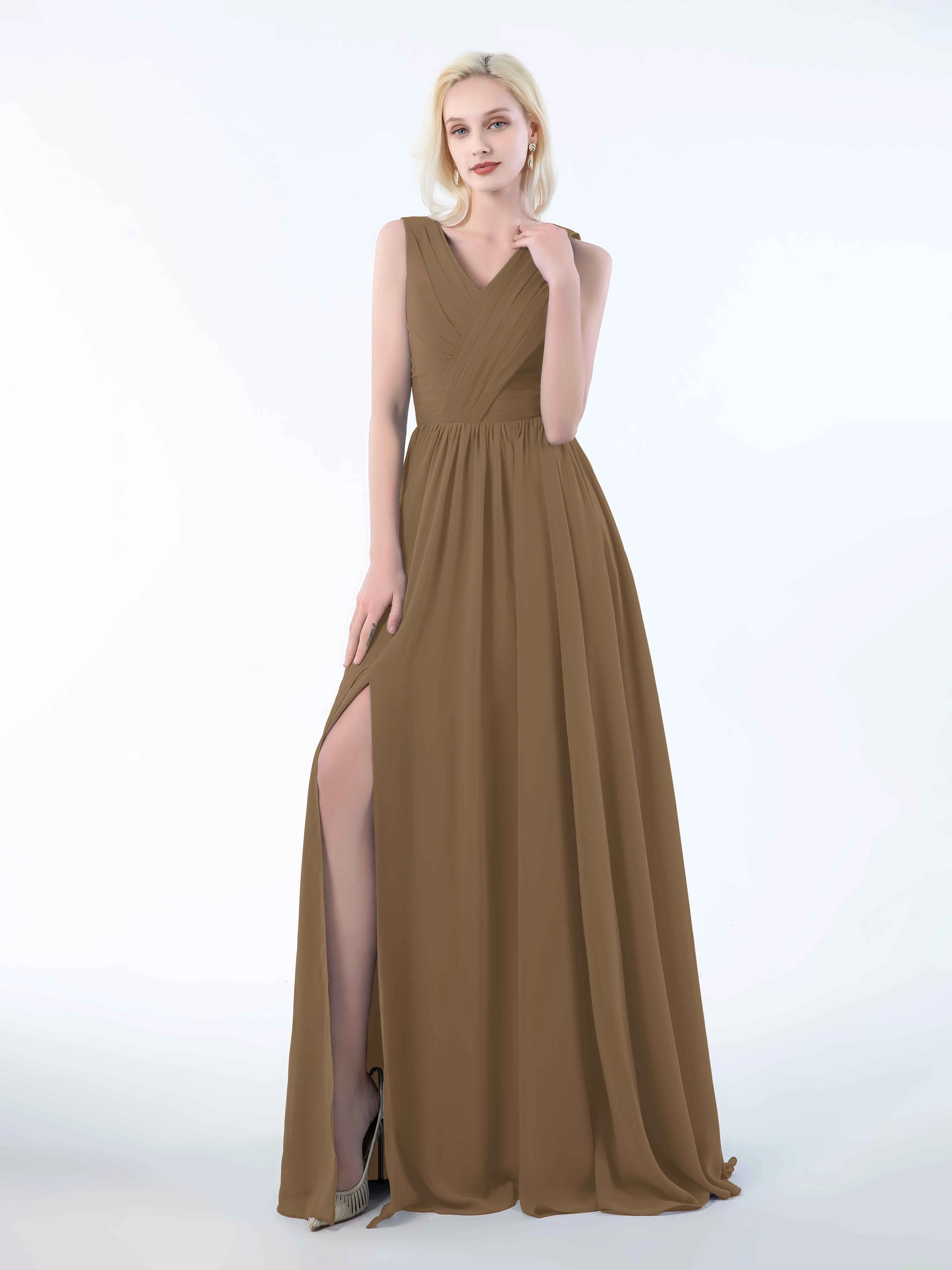 Khloe Flattering V Neck Pleated Floor Length Chiffon Bridesmaid Dresses