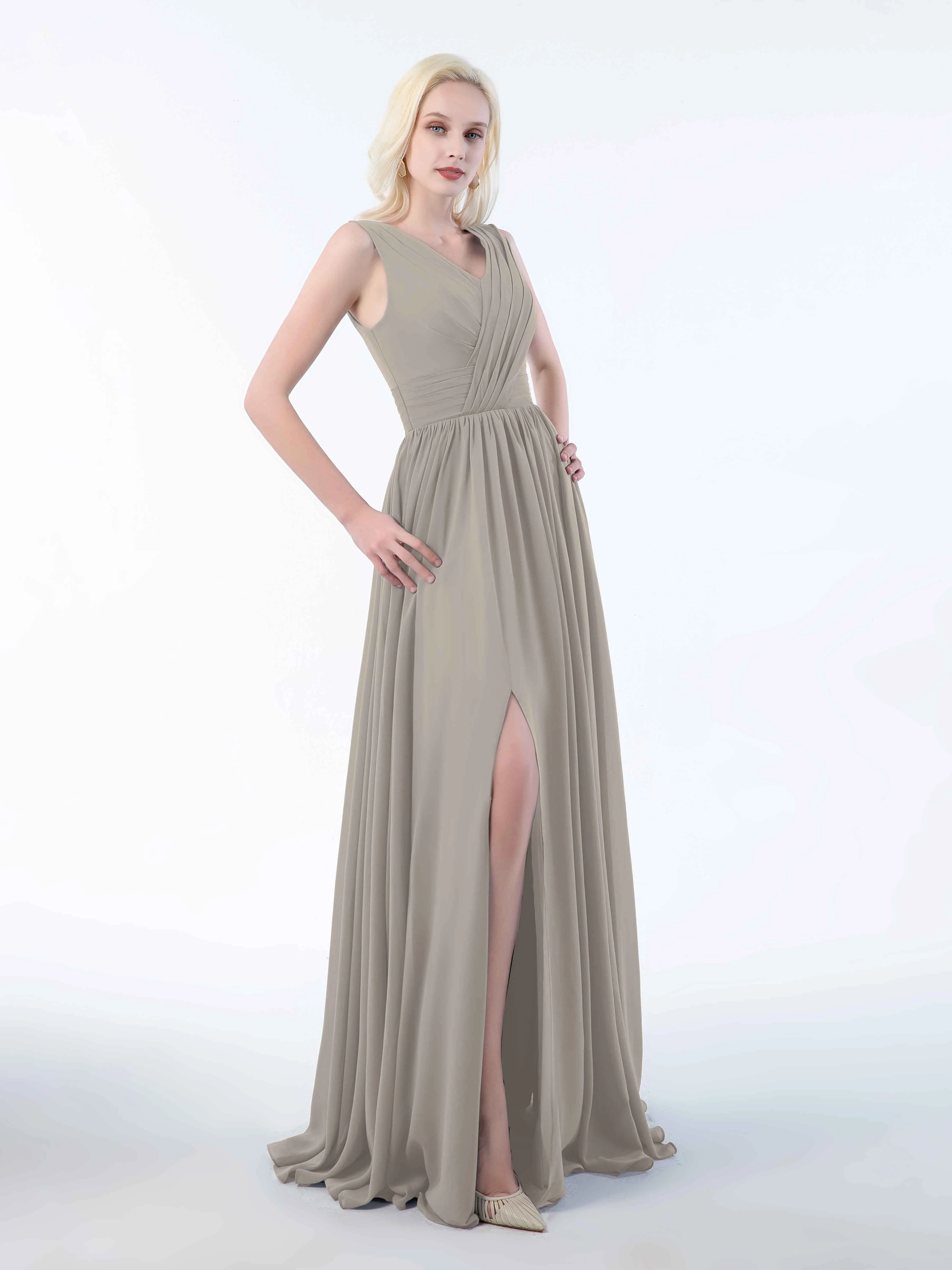Khloe Flattering V Neck Pleated Floor Length Chiffon Bridesmaid Dresses
