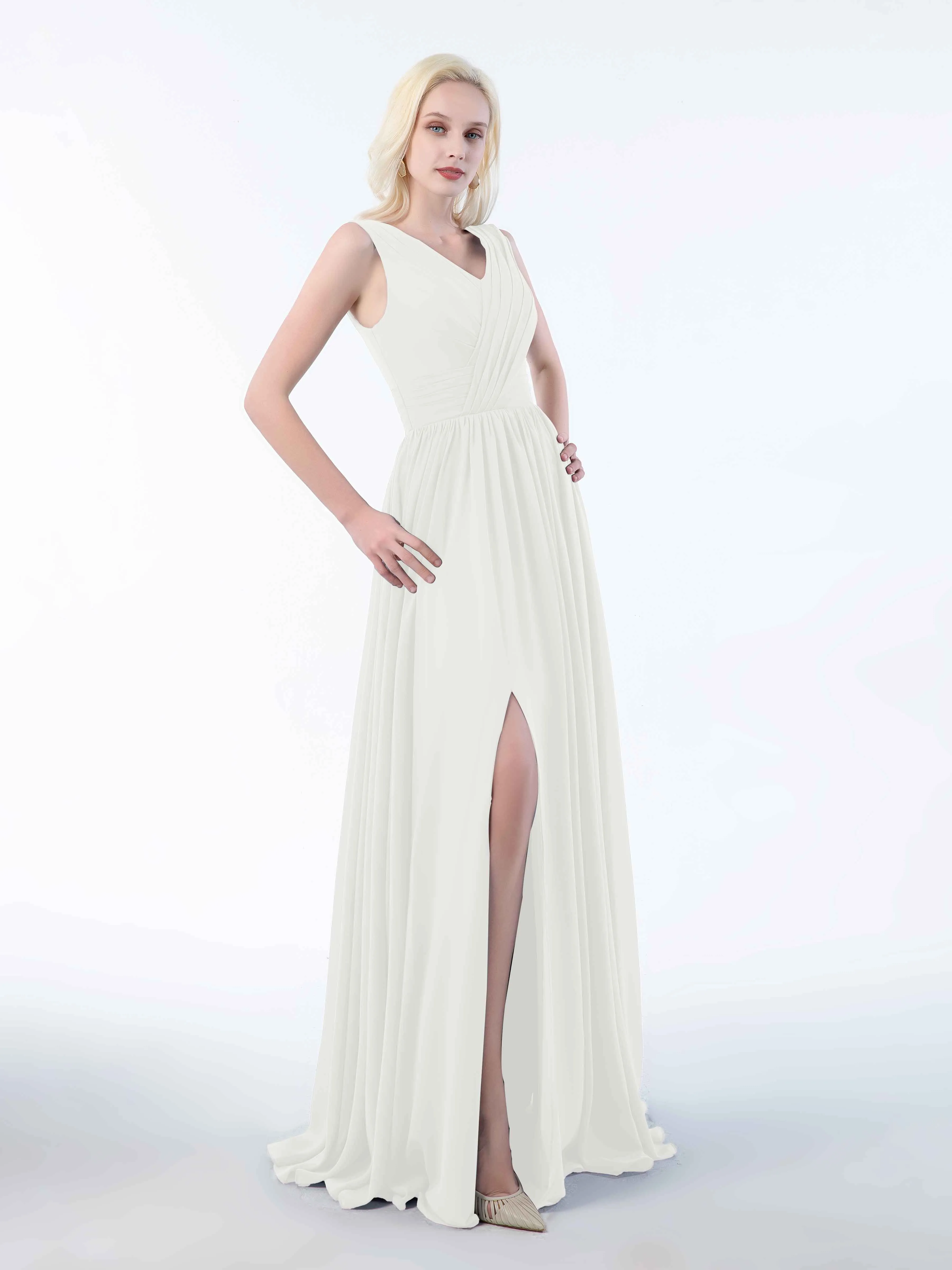 Khloe Flattering V Neck Pleated Floor Length Chiffon Bridesmaid Dresses